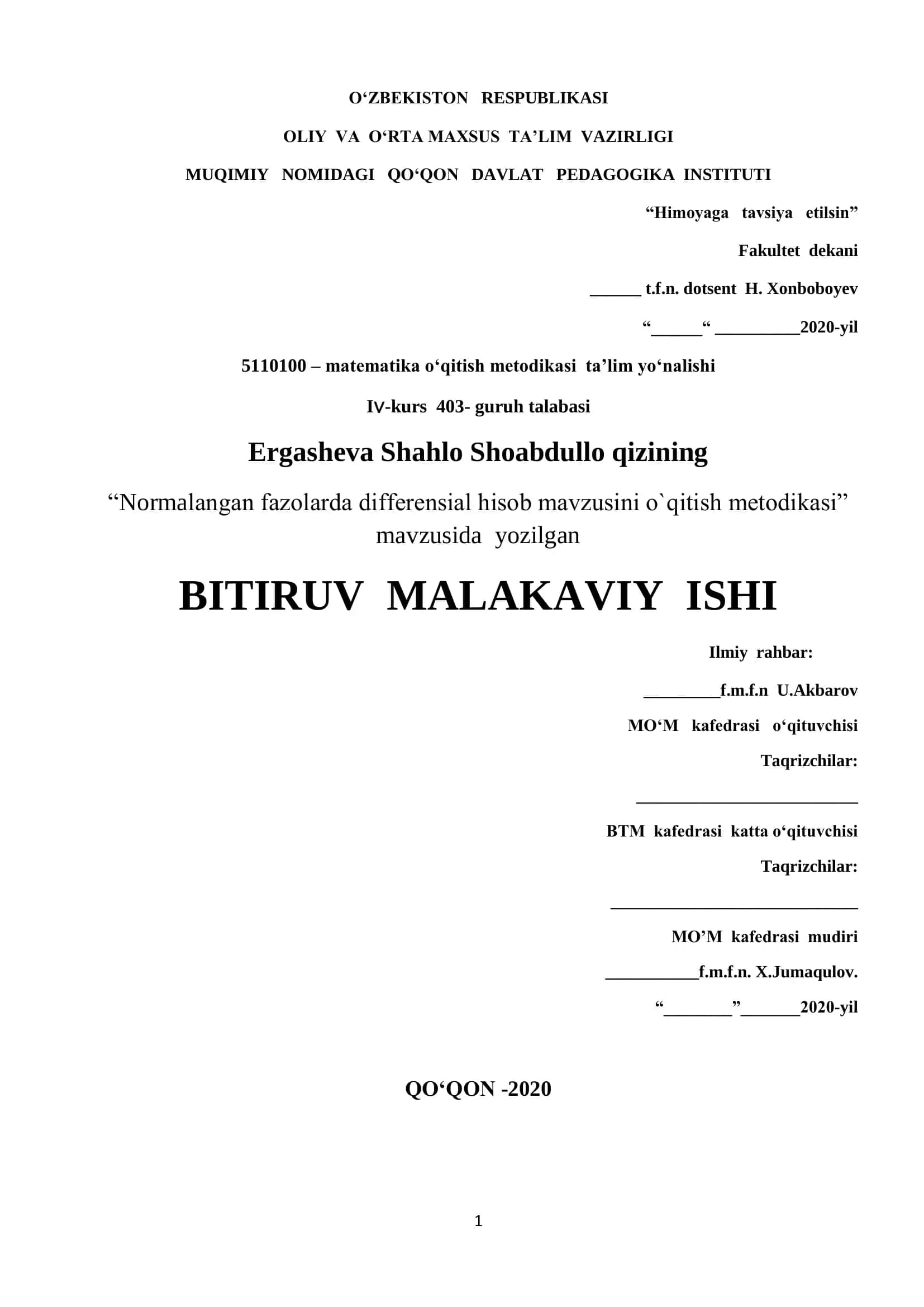 Normalangan fazolarda differensial hisob mavzusini o`qitish metodikasi 1