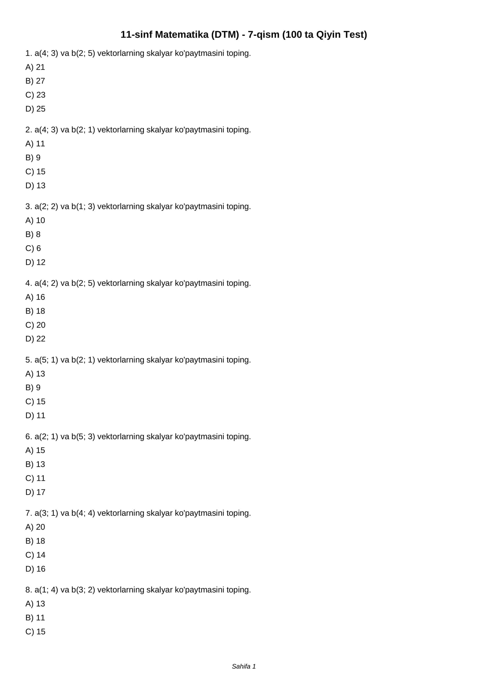11-sinf Matematika (DTM) - 7-qism (100 ta Qiyin Test) 1