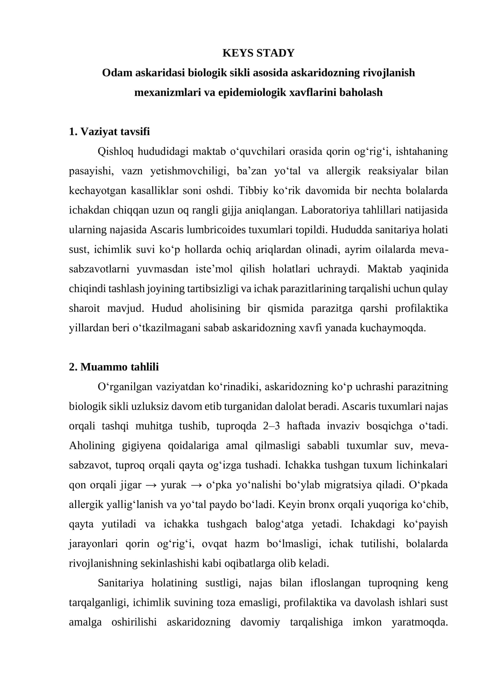 Odam askaridasi biologik sikli asosida askaridozning rivojlanish mexanizmlari va epidemiologik xavflarini baholash 1