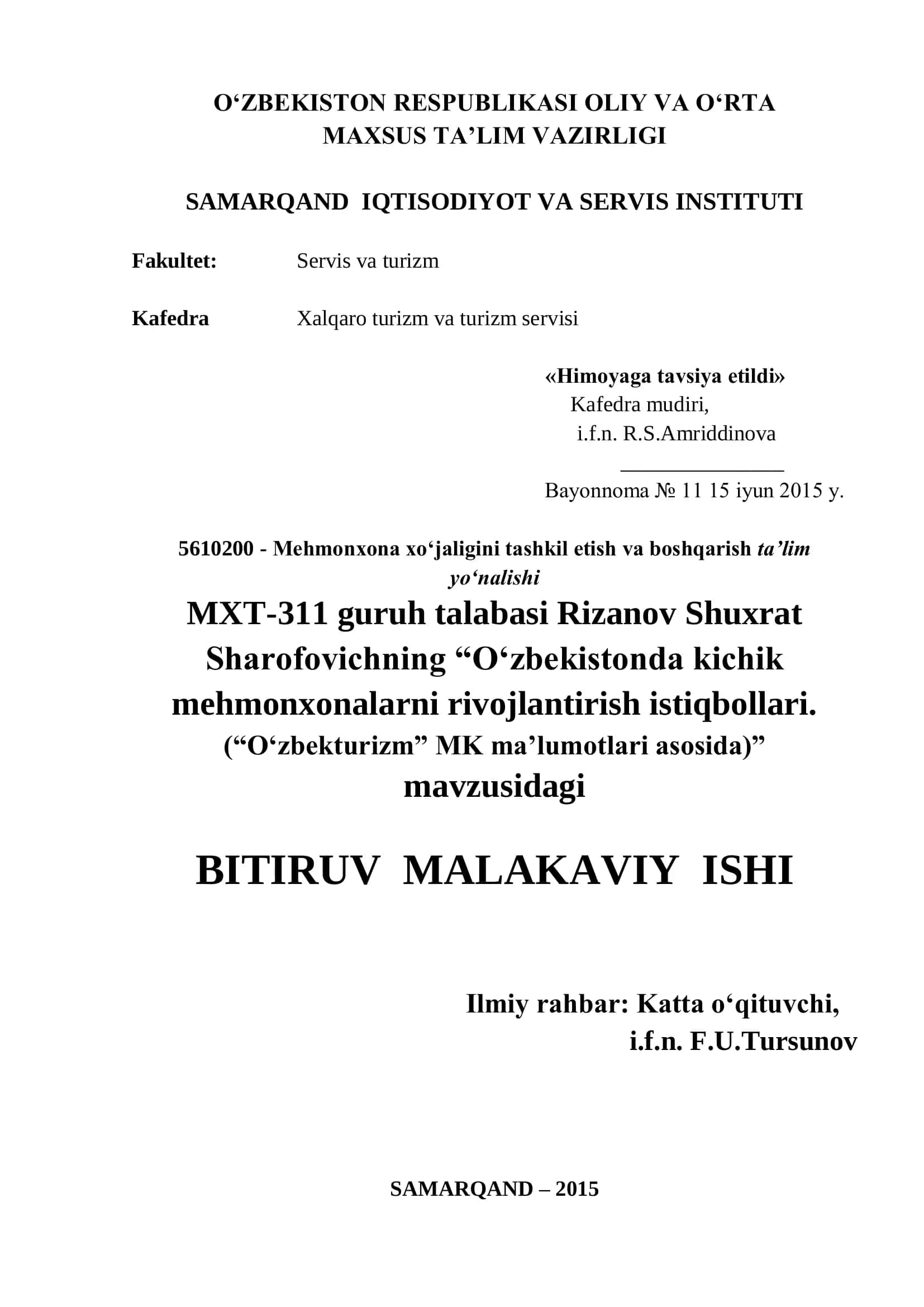 O‘zbekistonda kichik mehmonxonalarni rivojlantirish istiqbollari 1