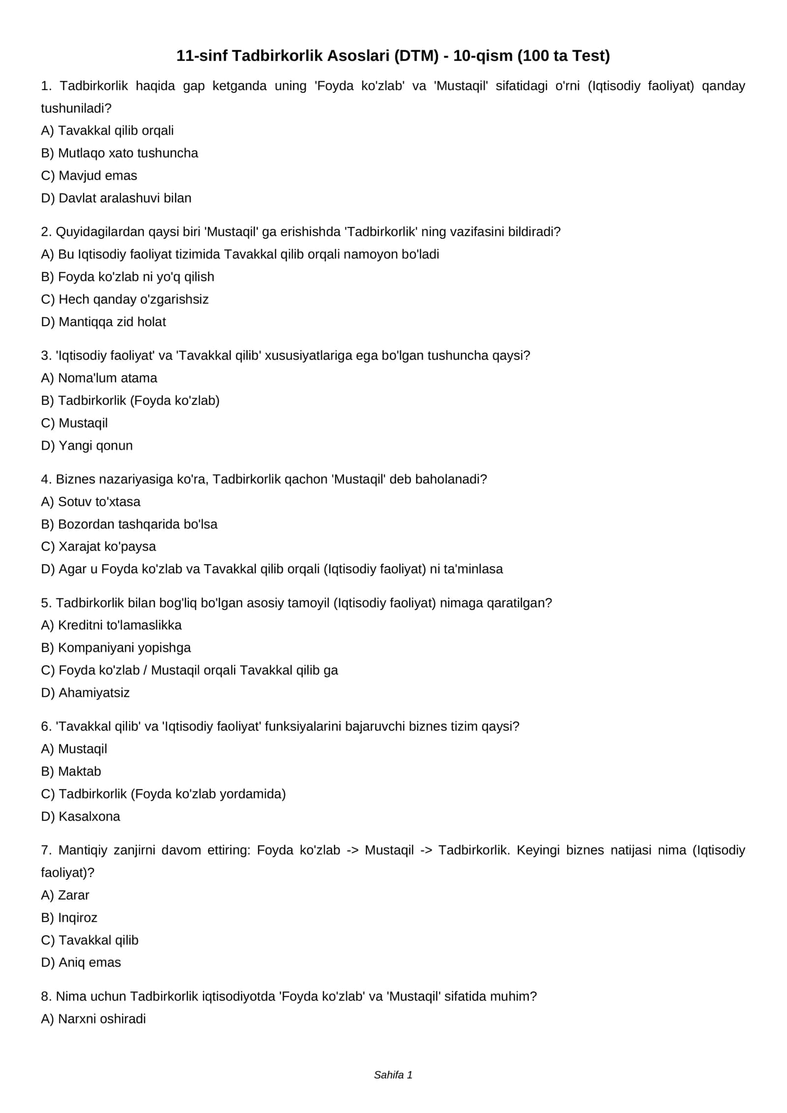 11-sinf Tadbirkorlik Asoslari (DTM) - 10-qism (100 ta Test) 1
