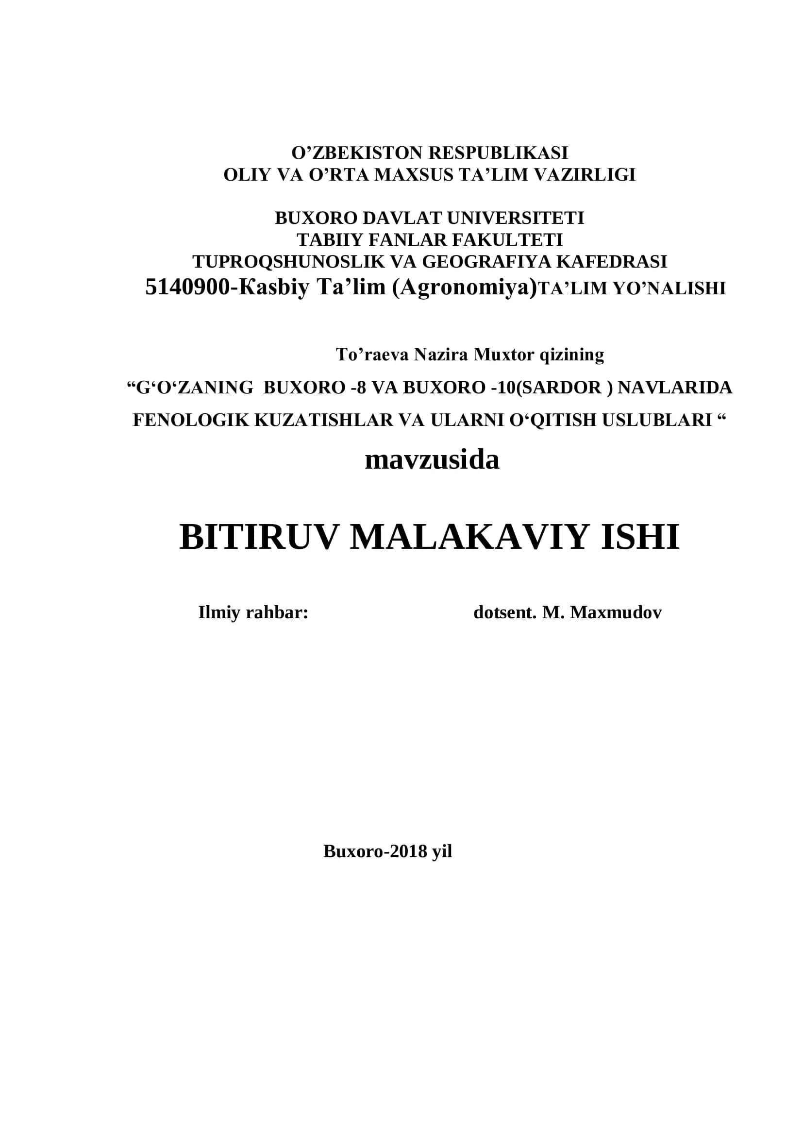 G'ozaning Buxoro -8 va Buxoro -10(Sardor) navlarida FENOLOGIK KUZATISHLAR VA ULARNI O‘QITISH USLUBLARI 1