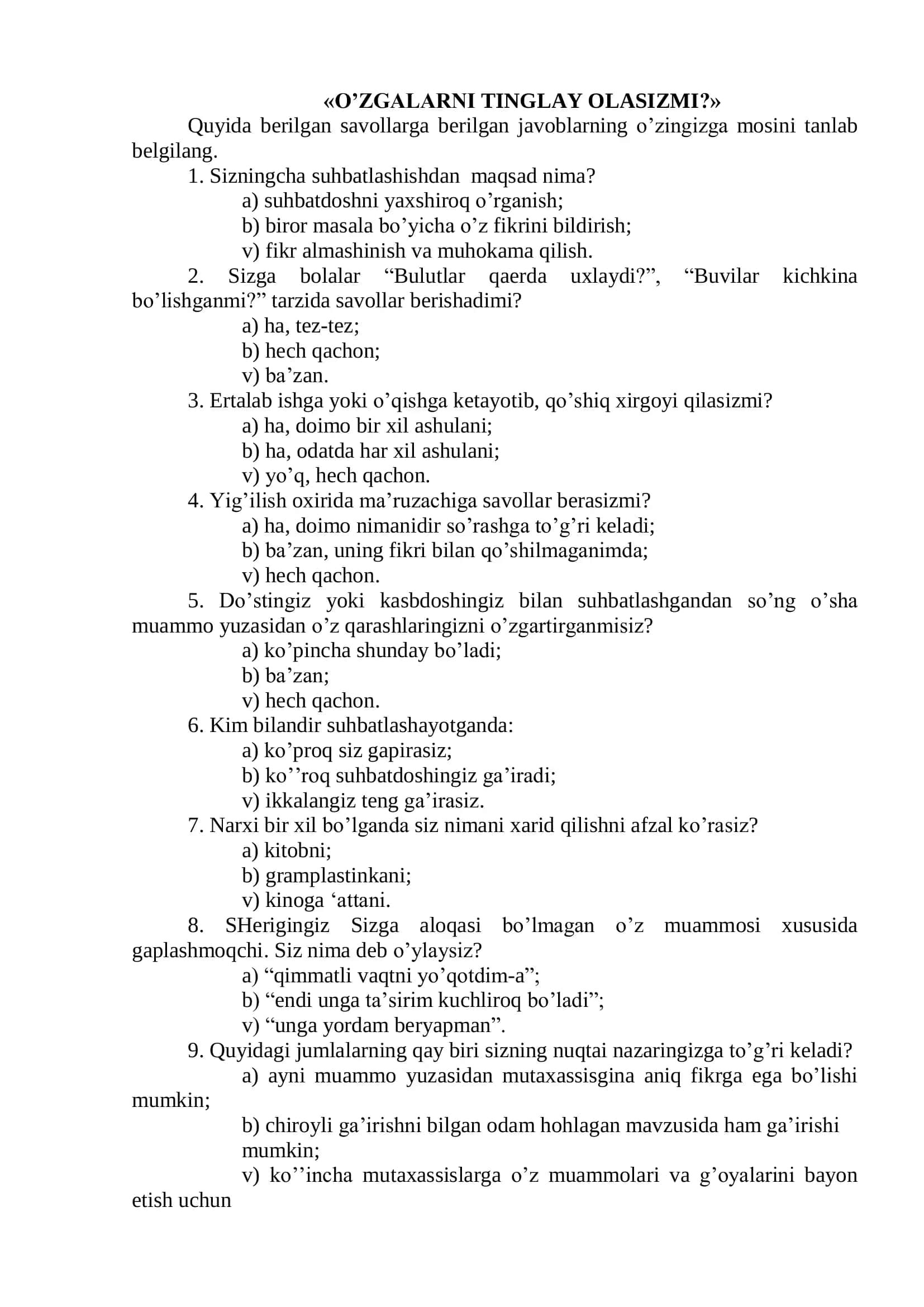 O’ZGALARNI TINGLAY OLASIZMI? 1