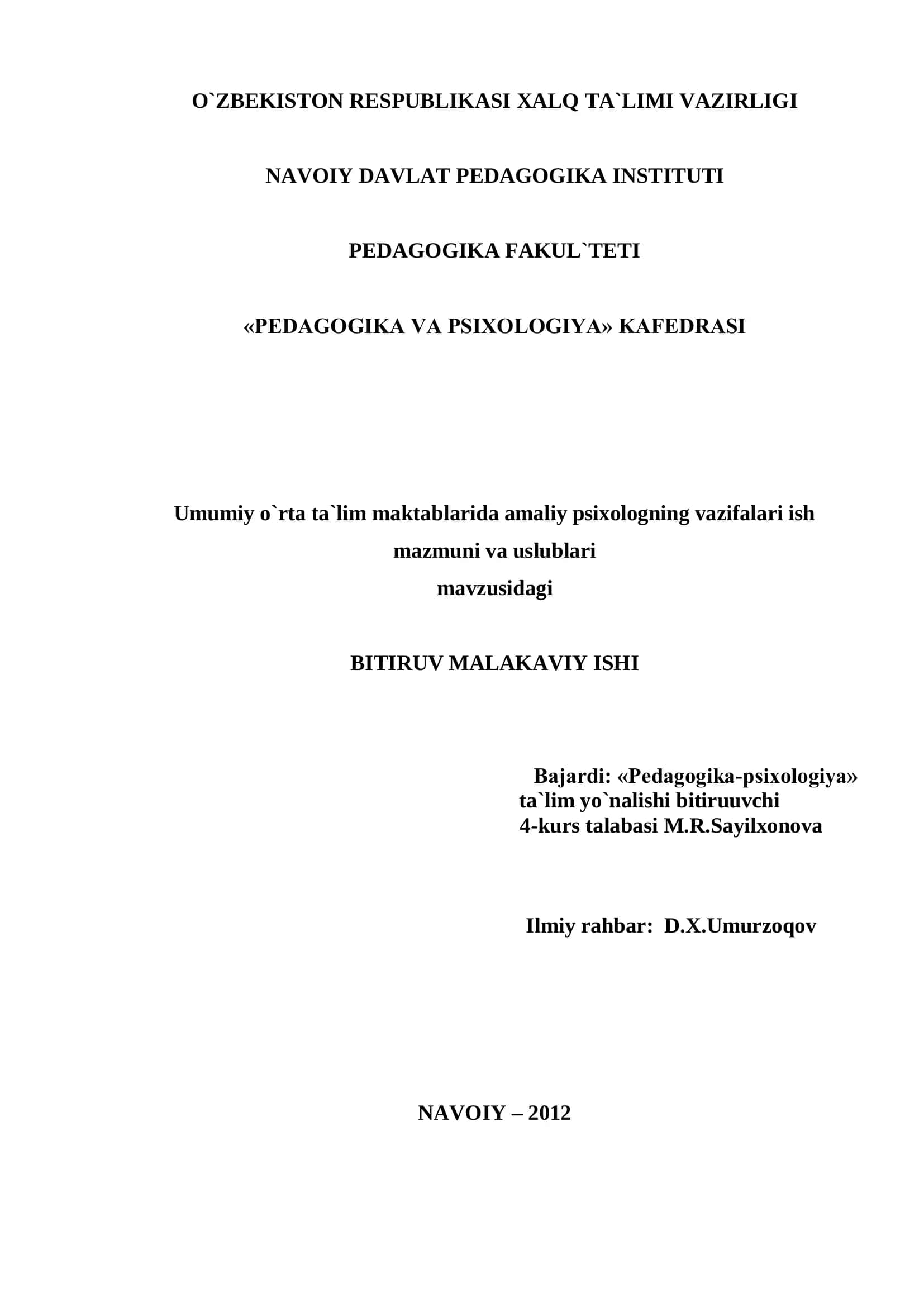 Umumiy o`rta ta`lim maktablarida amaliy psixologning vazifalari ish mazmuni va uslublari 1