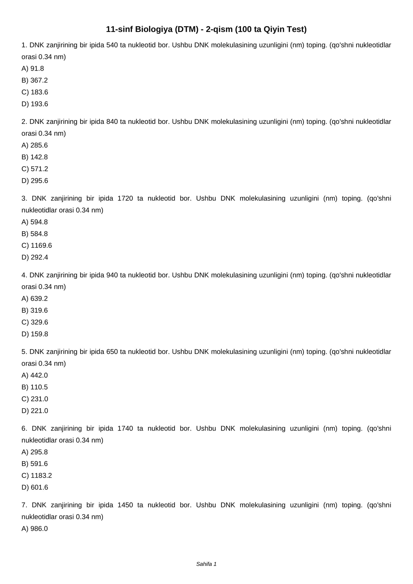 11-sinf Biologiya (DTM) - 2-qism (100 ta Qiyin Test) 1