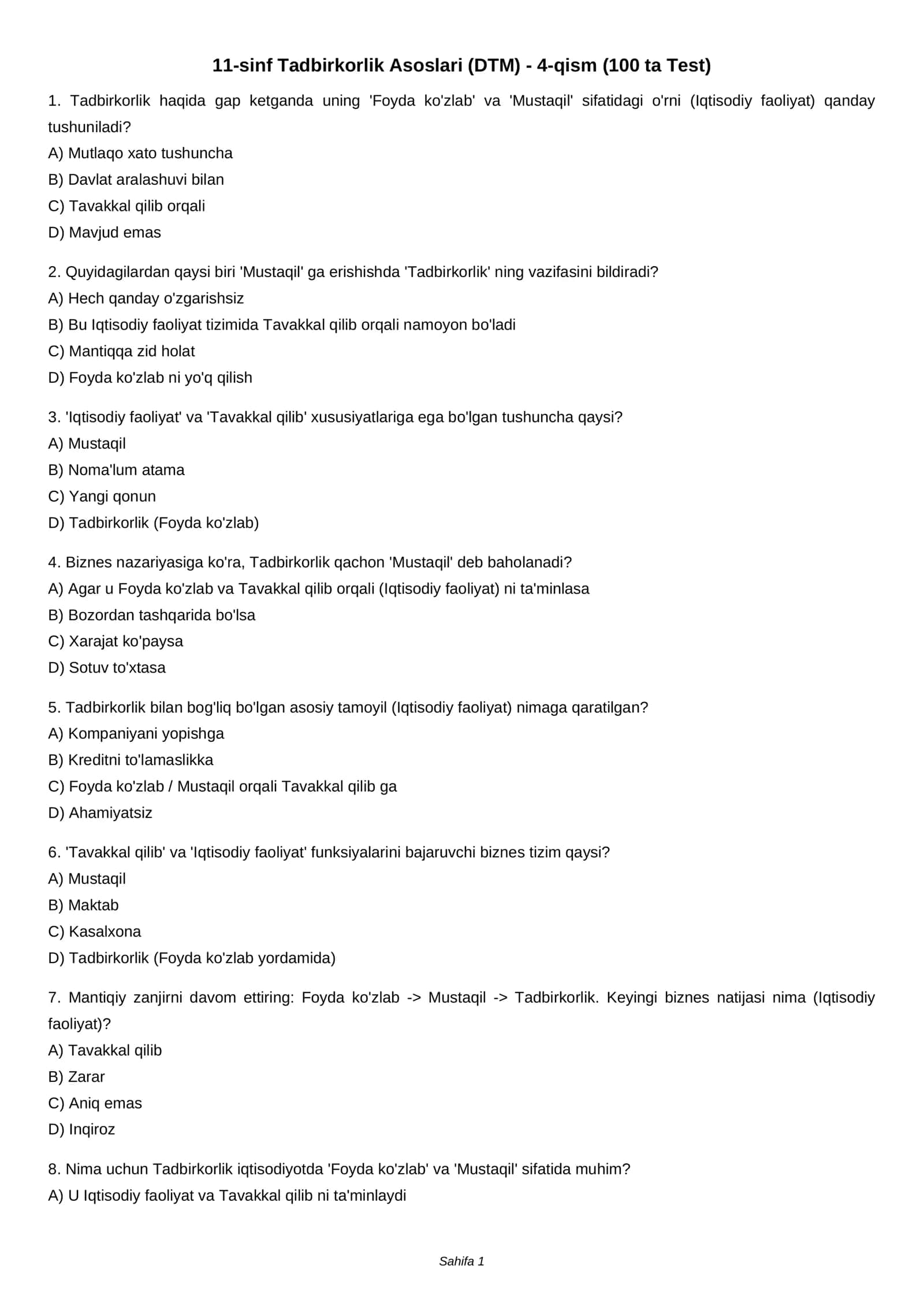 11-sinf Tadbirkorlik Asoslari (DTM) - 4-qism (100 ta Test) 1