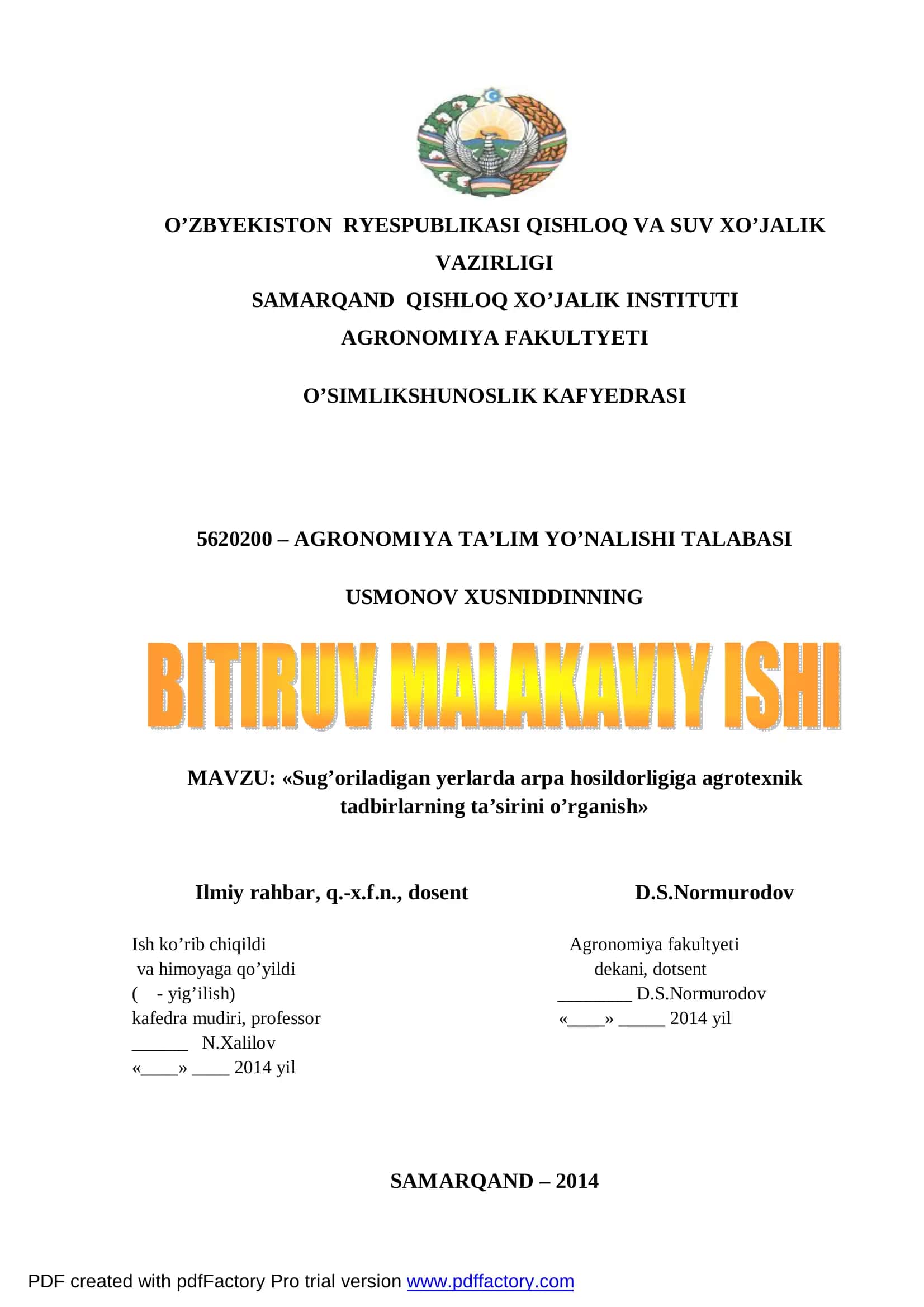 Sug’oriladigan yerlarda arpa hosildorligiga agrotexnik tadbirlarning ta’sirini o’rganish 1