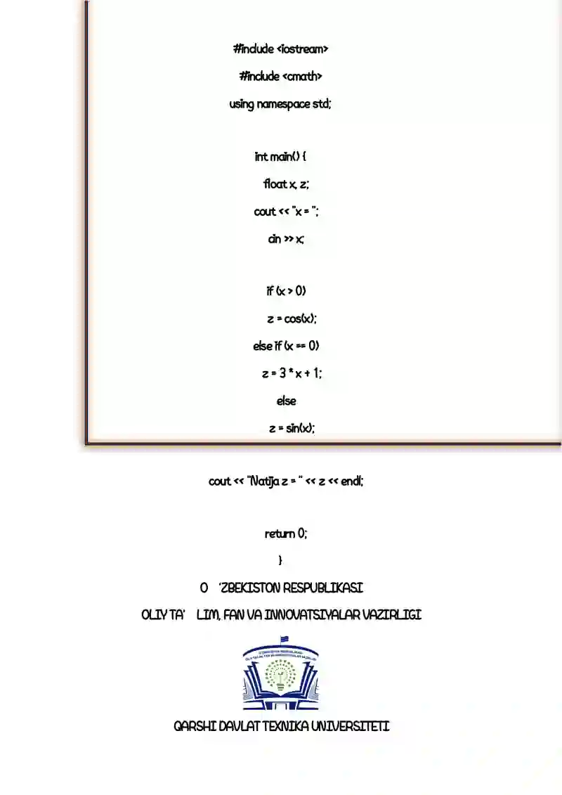 Tarmoqlanuvchi tuzilmali algoritmlarni tavsiflash, C++ tilida dasturlashtirish