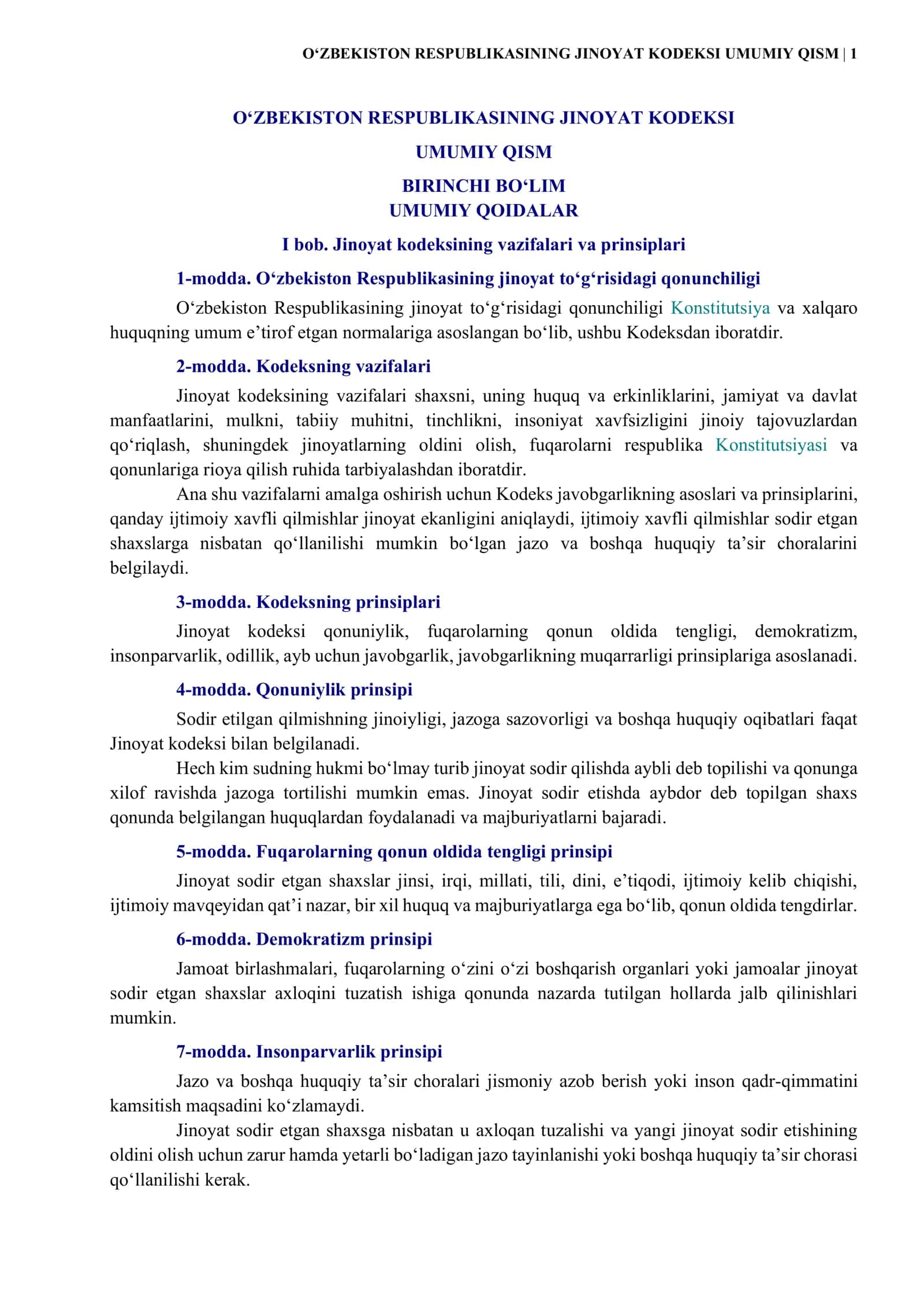 O‘ZBEKISTON RESPUBLIKASINING JINOYAT KODEKSI UMUMIY QISM 1