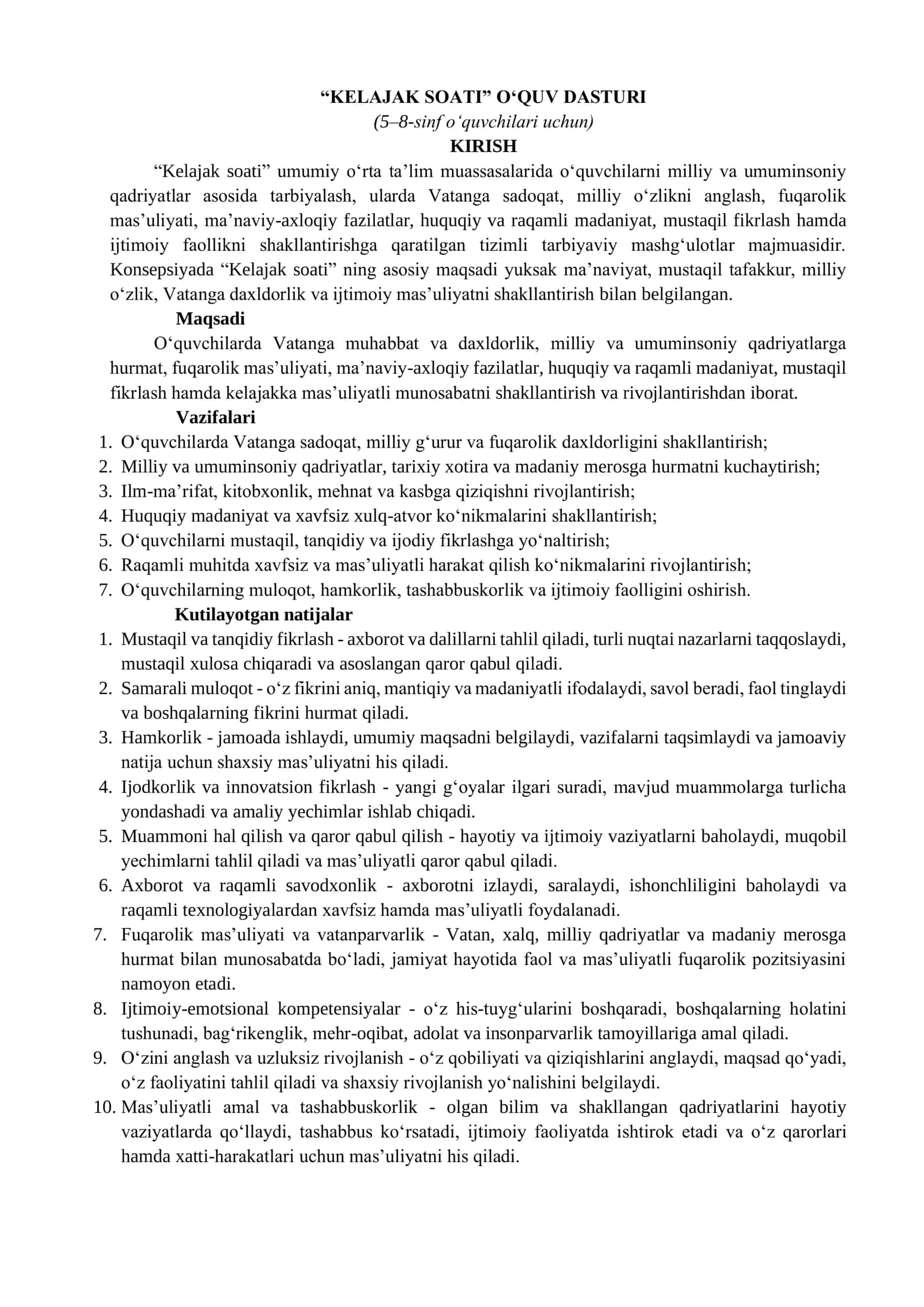 Kelajak Soati O‘quv Dasturi 1