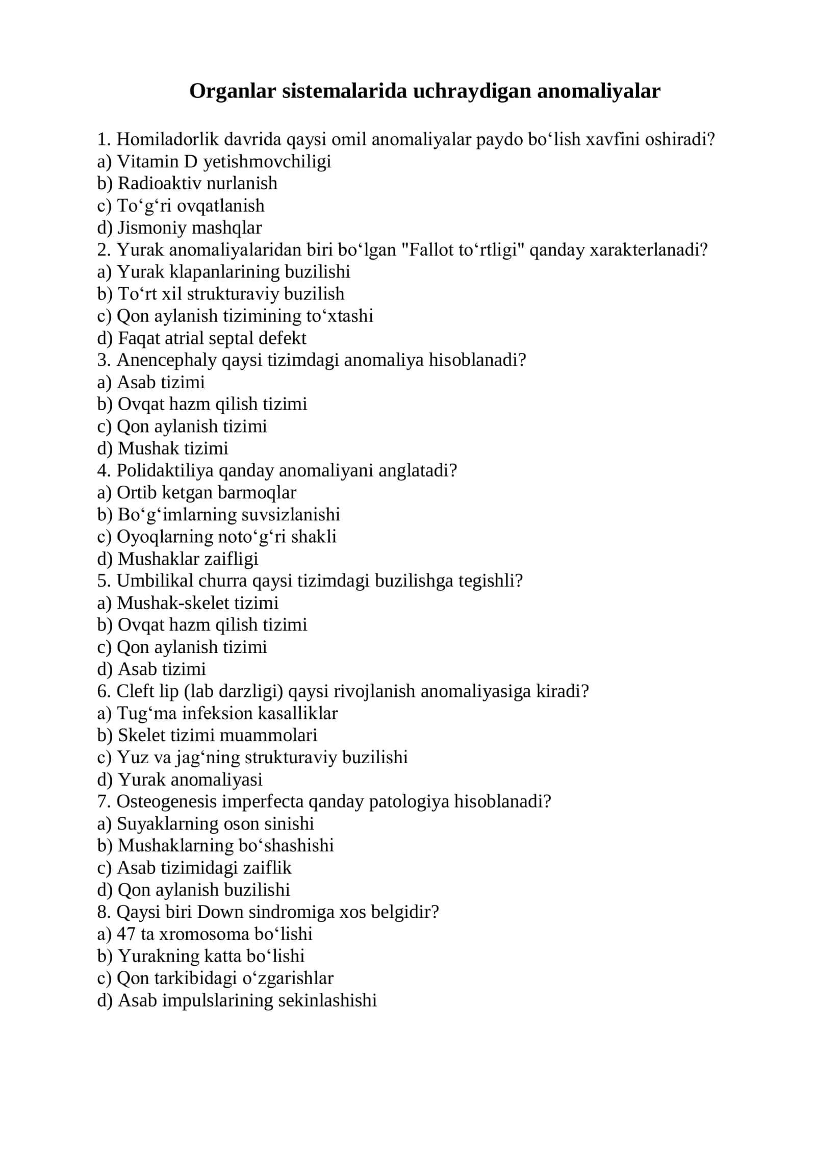 Organlar sistemalarida uchraydigan anomaliyalar 1