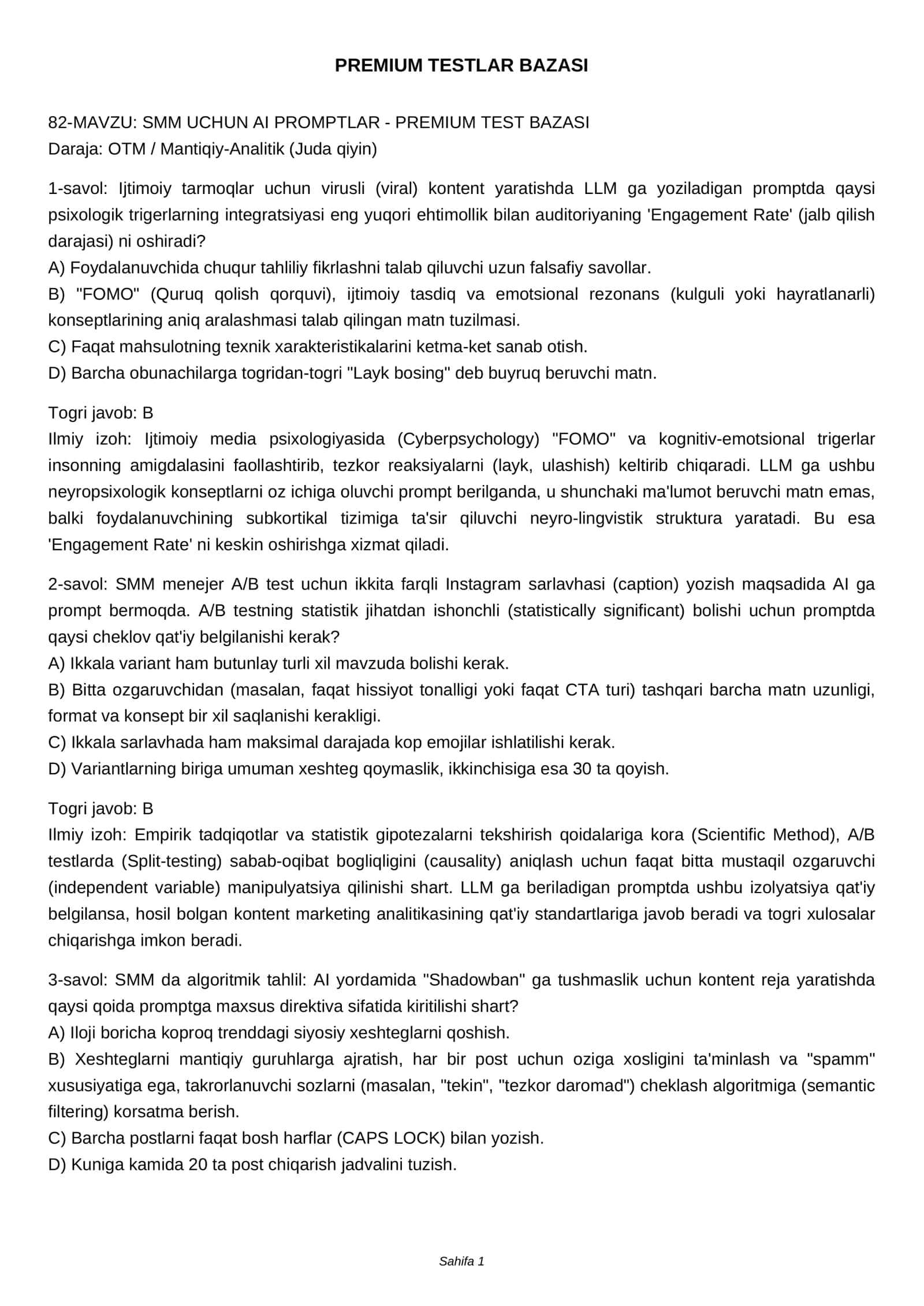 SMM UCHUN AI PROMPTLAR - PREMIUM TEST BAZASI 1