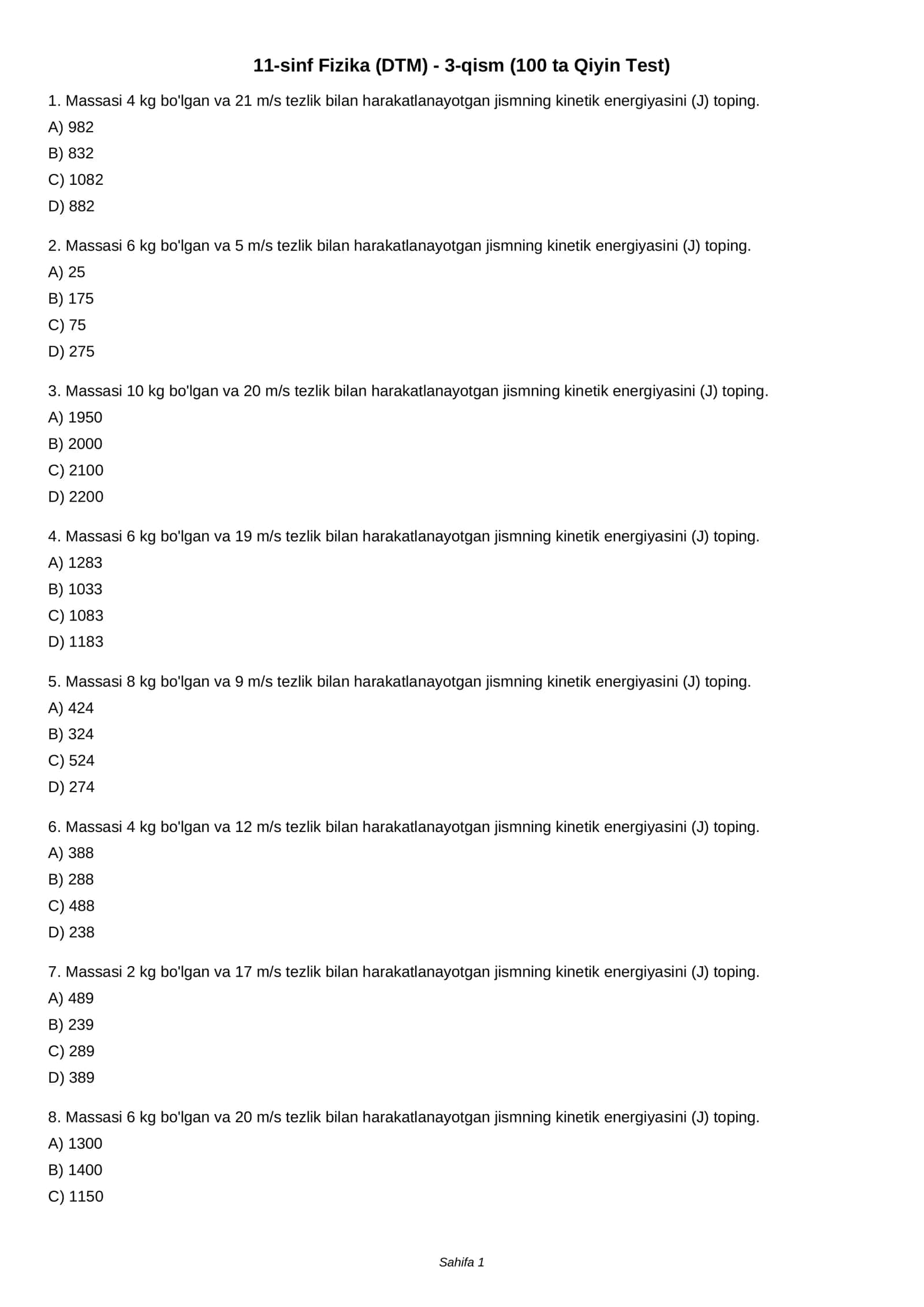 11-sinf Fizika (DTM) - 3-qism (100 ta Qiyin Test) 1