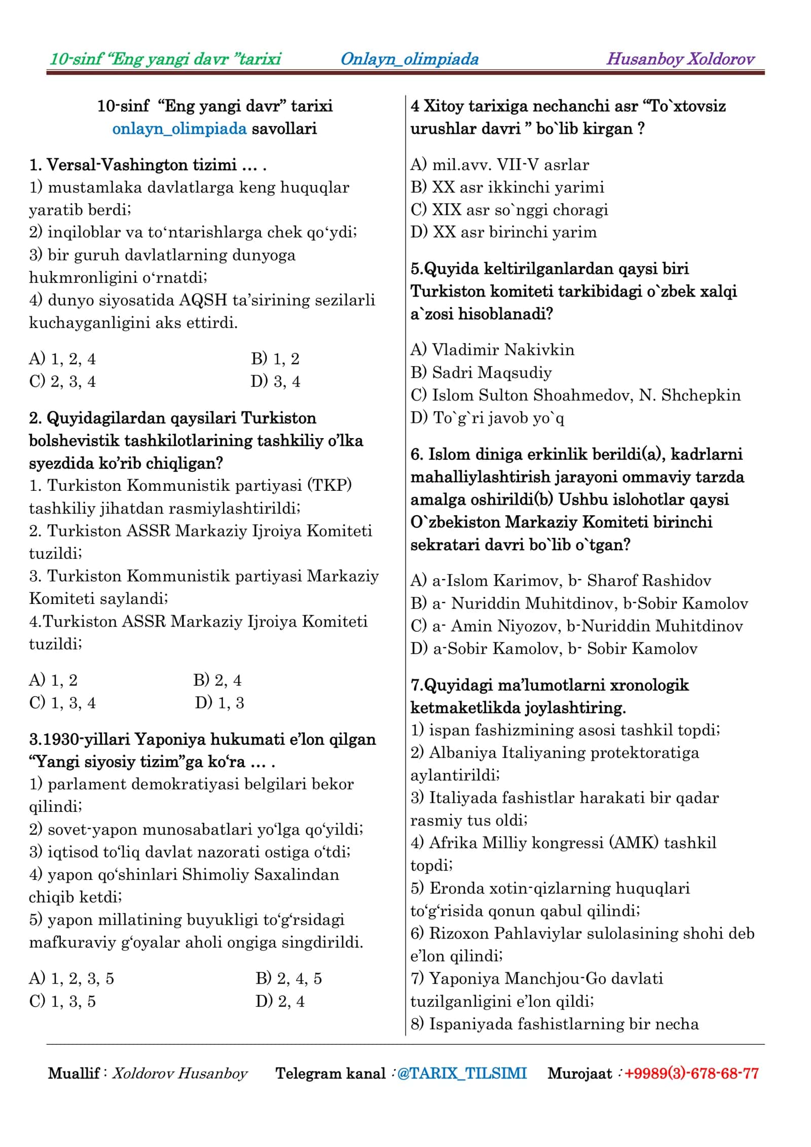 10-sinf “Eng yangi davr” tarixi Onlayn_olimpiada Husanboy Xoldorov 1