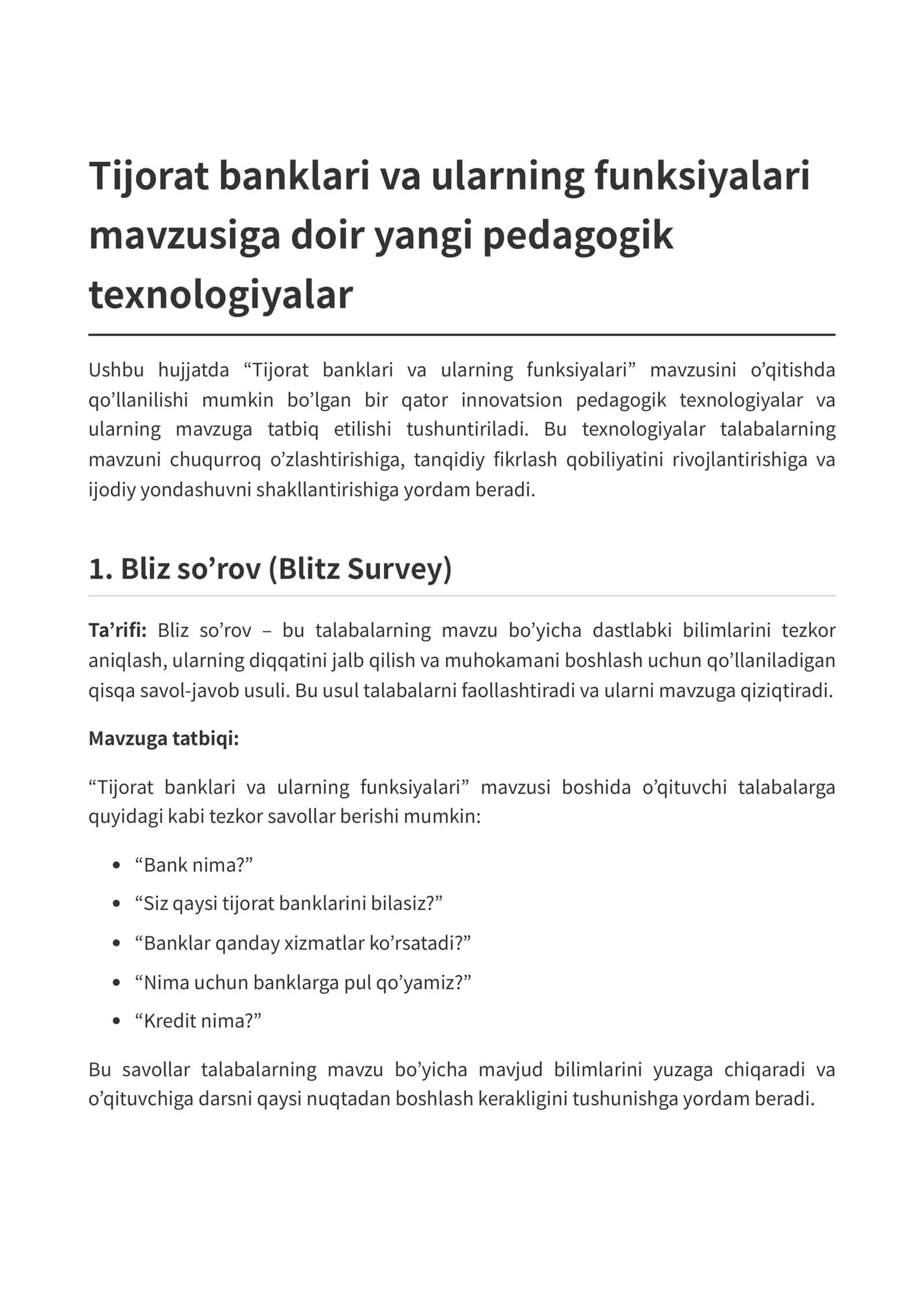 Tijorat banklari va ularning funksiyalari mavzusiga doir yangi pedagogik texnologiyalar 1