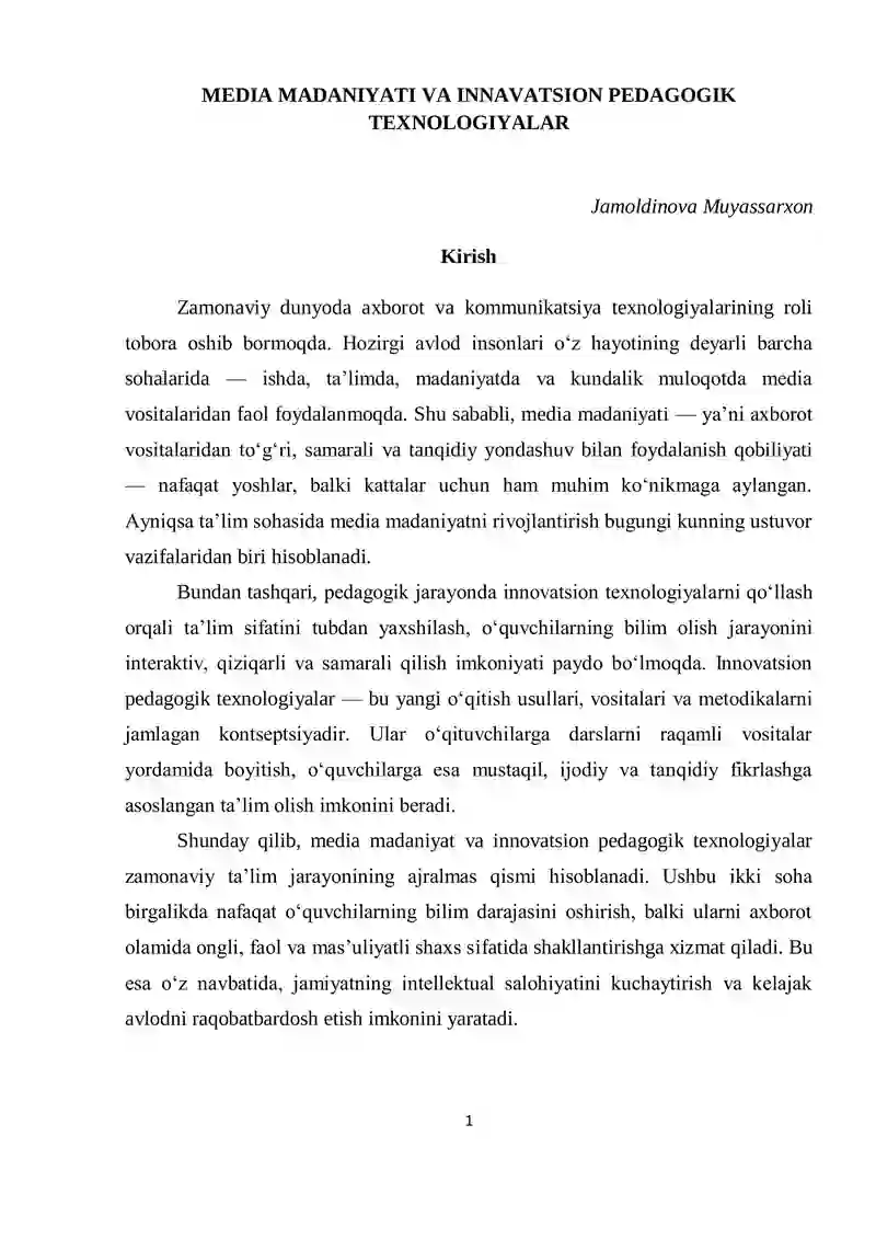 MEDIA MADANIYATI VA INNAVATSION PEDAGOGIK TEXNOLOGIYALAR