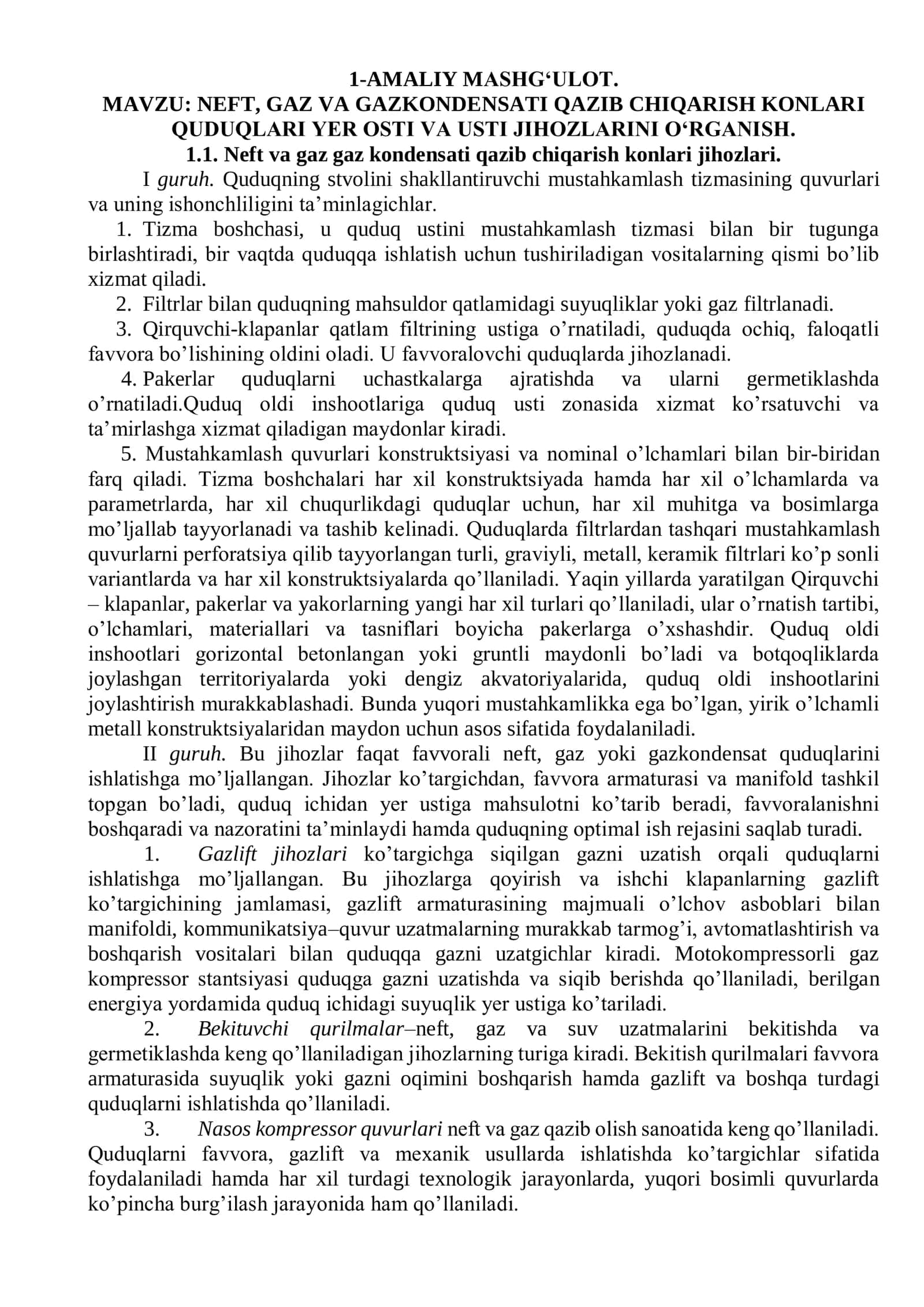 NEFT, GAZ VA GAZKONDENSATI QAZIB CHIQARISH KONLARI QUDUQLARI YER OSTI VA USTI JIHOZLARINI O‘RGANISH 1
