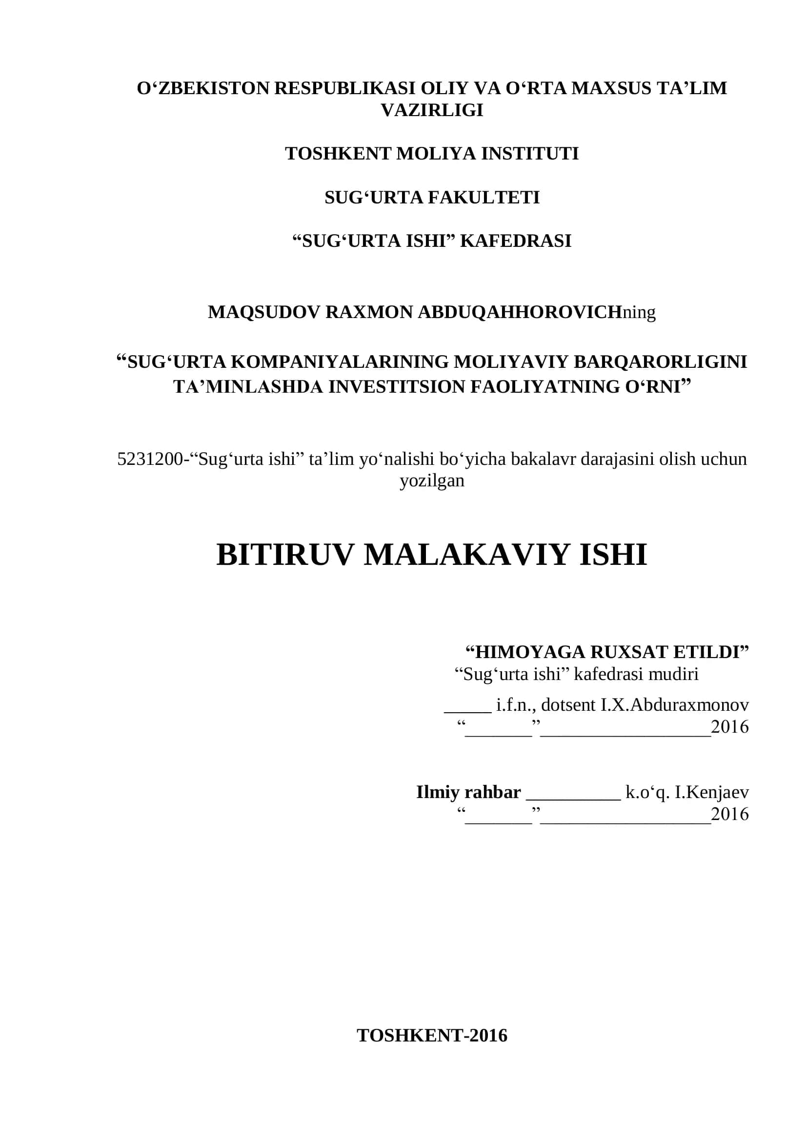 SUG‘URTA KOMPANIYALARINING MOLIYAVIY BARQARORLIGINI TA’MINLASHDA INVESTITSION FAOLIYATNING O‘RNI 1