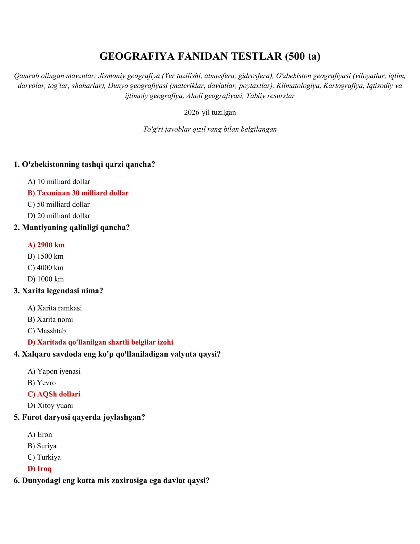 GEOGRAFIYA FANIDAN TESTLAR (500 ta) 1