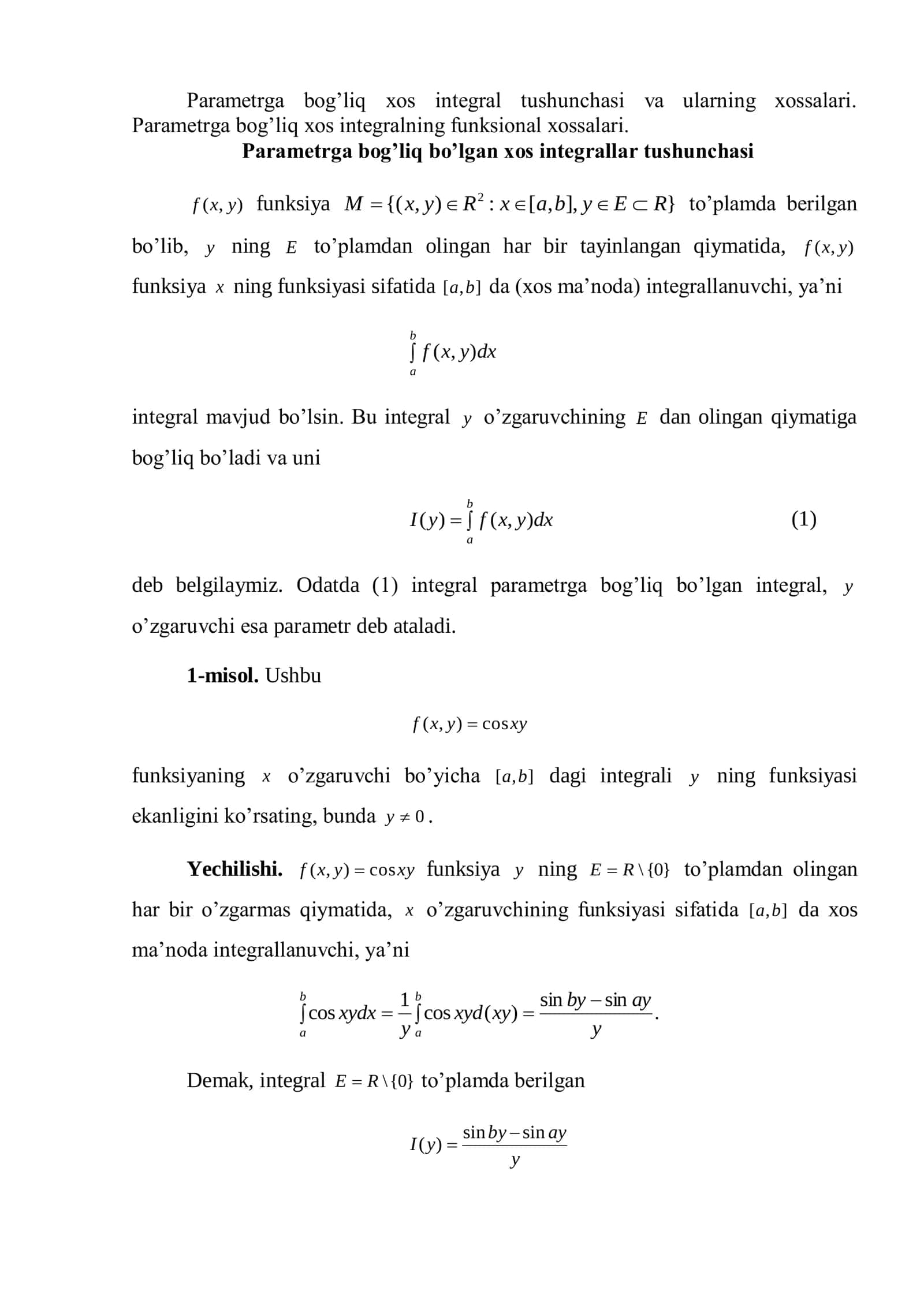 Parametrga bog’liq xos integrallar 1