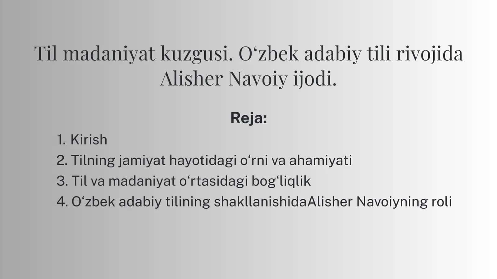 Til madaniyat kuzgusi. O‘zbek adabiy tili rivojida Alisher Navoiy ijodi. 1