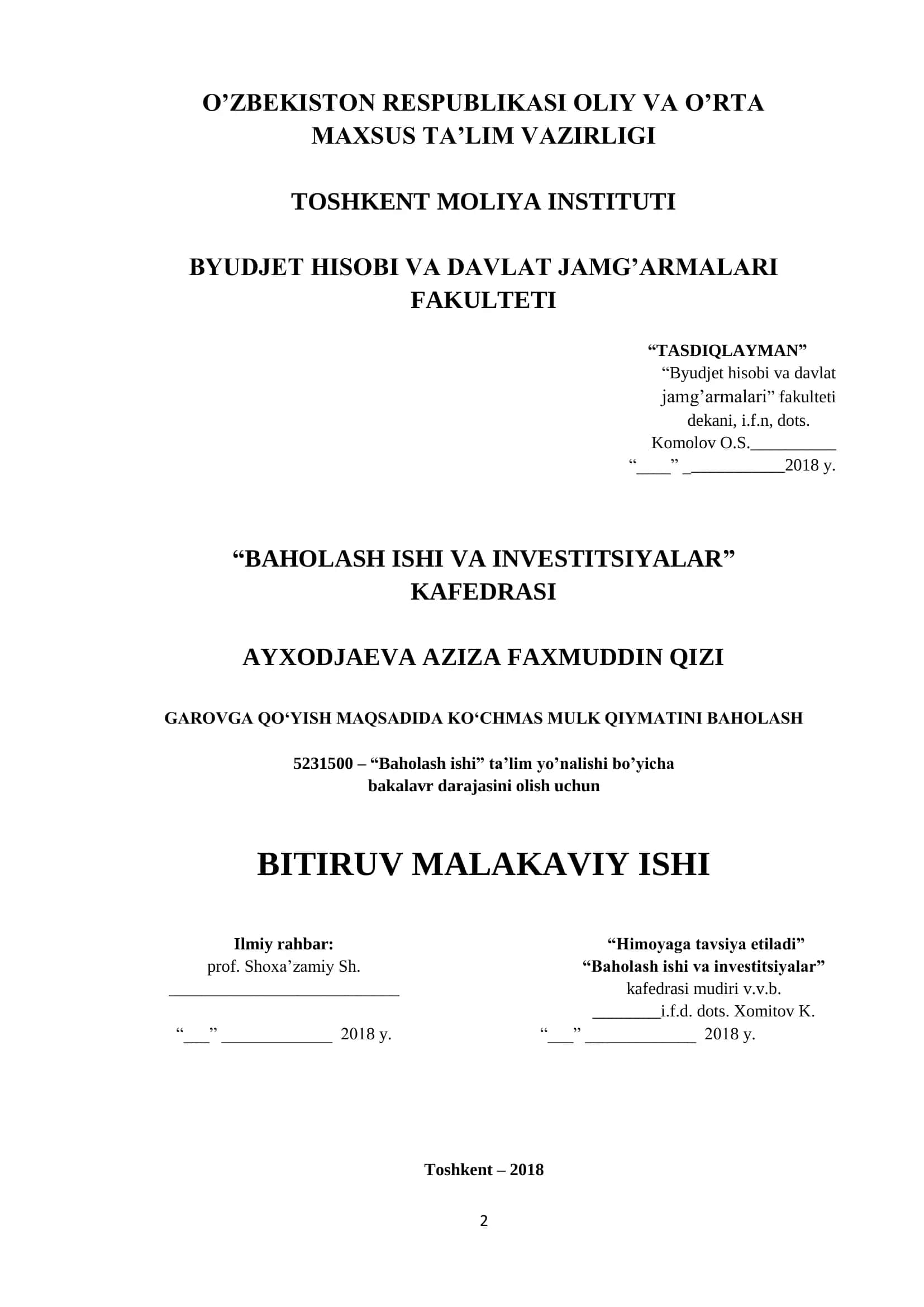 GAROVGA QO‘YISH MAQSADIDA KO‘CHMAS MULK QIYMATINI BAHOLASH 1