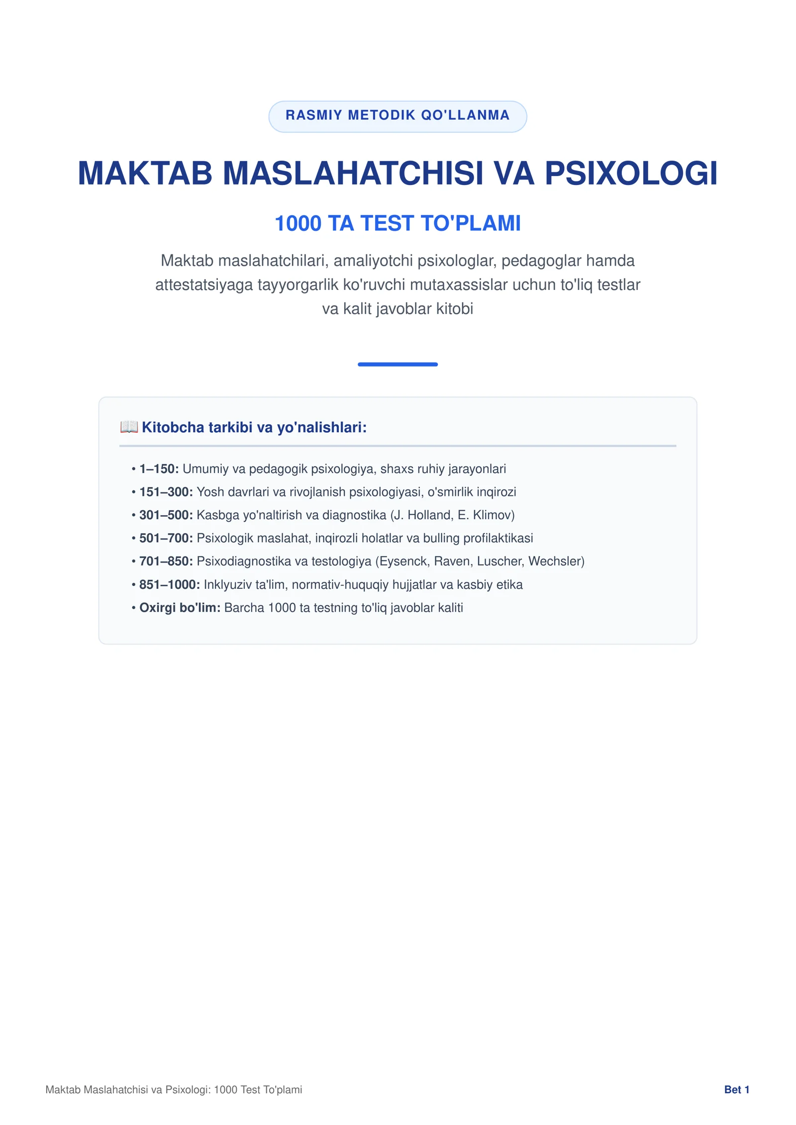 Maktab maslaxatchisi 1000 ta test 1