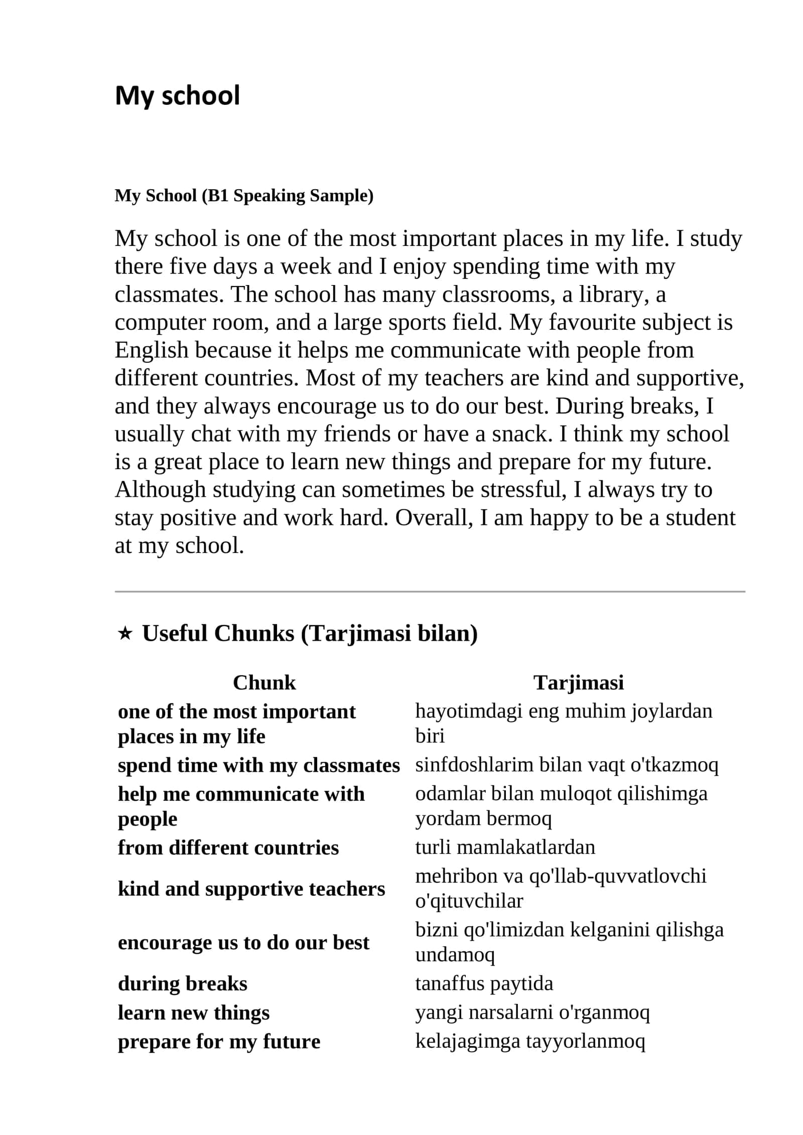 My School — B1 Speaking Sample | Ingliz tili 1