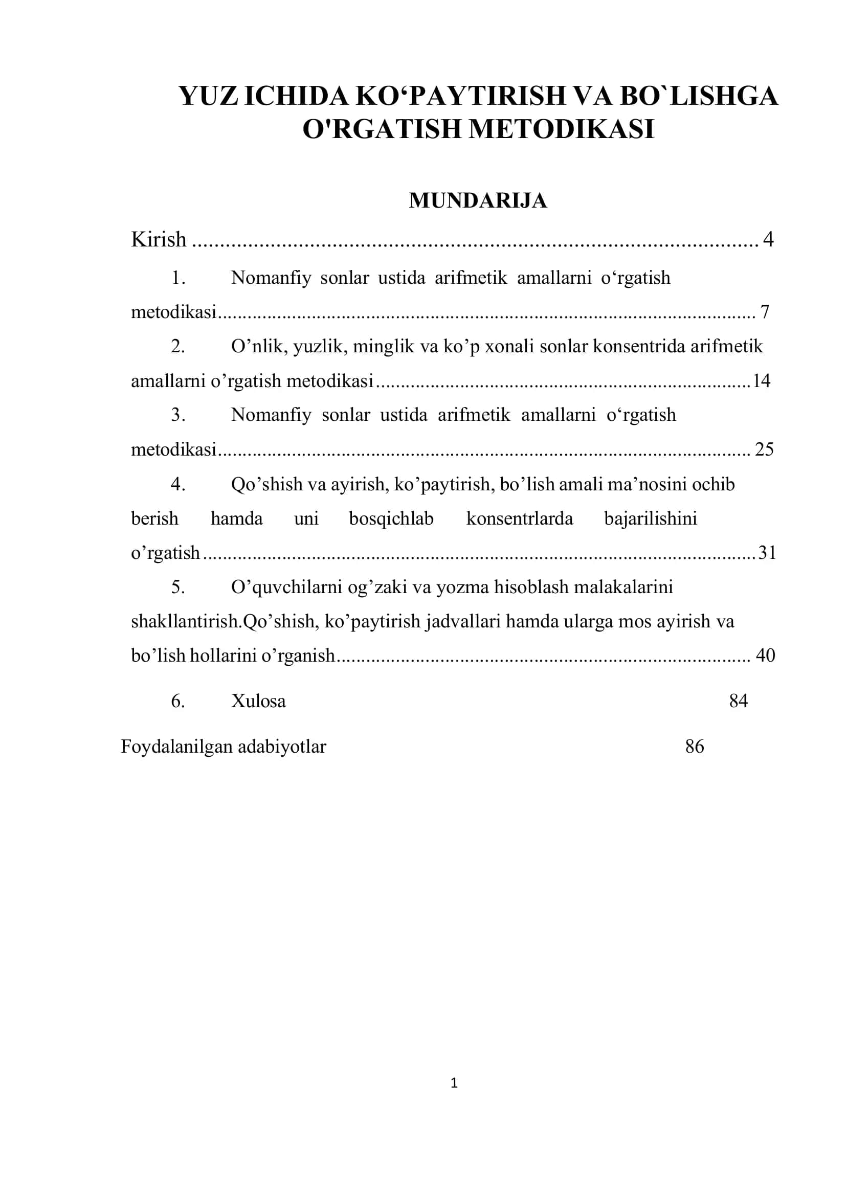 YUZ ICHIDA KOʻPAYTIRISH VA BO`LISHGA O'RGATISH METODIKASI 1