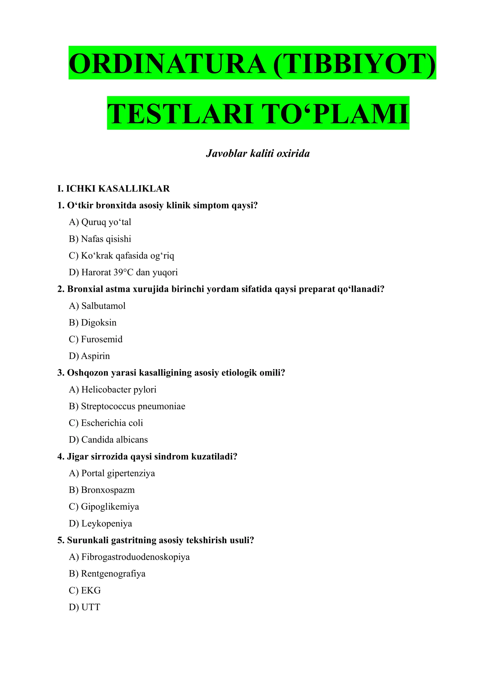 ORDINATURA (TIBBIYOT) TESTLARI TO‘PLAMI 1