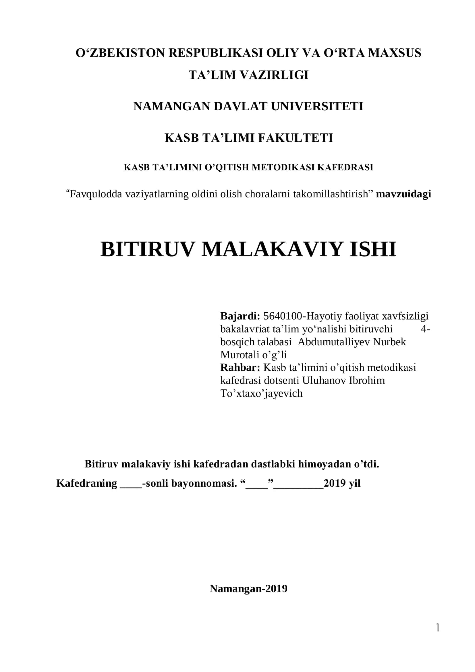 Bitiruv malakaviy ishi "Favqulodda vaziyatlarning oldini olish choralarni takomillashtirish" 1