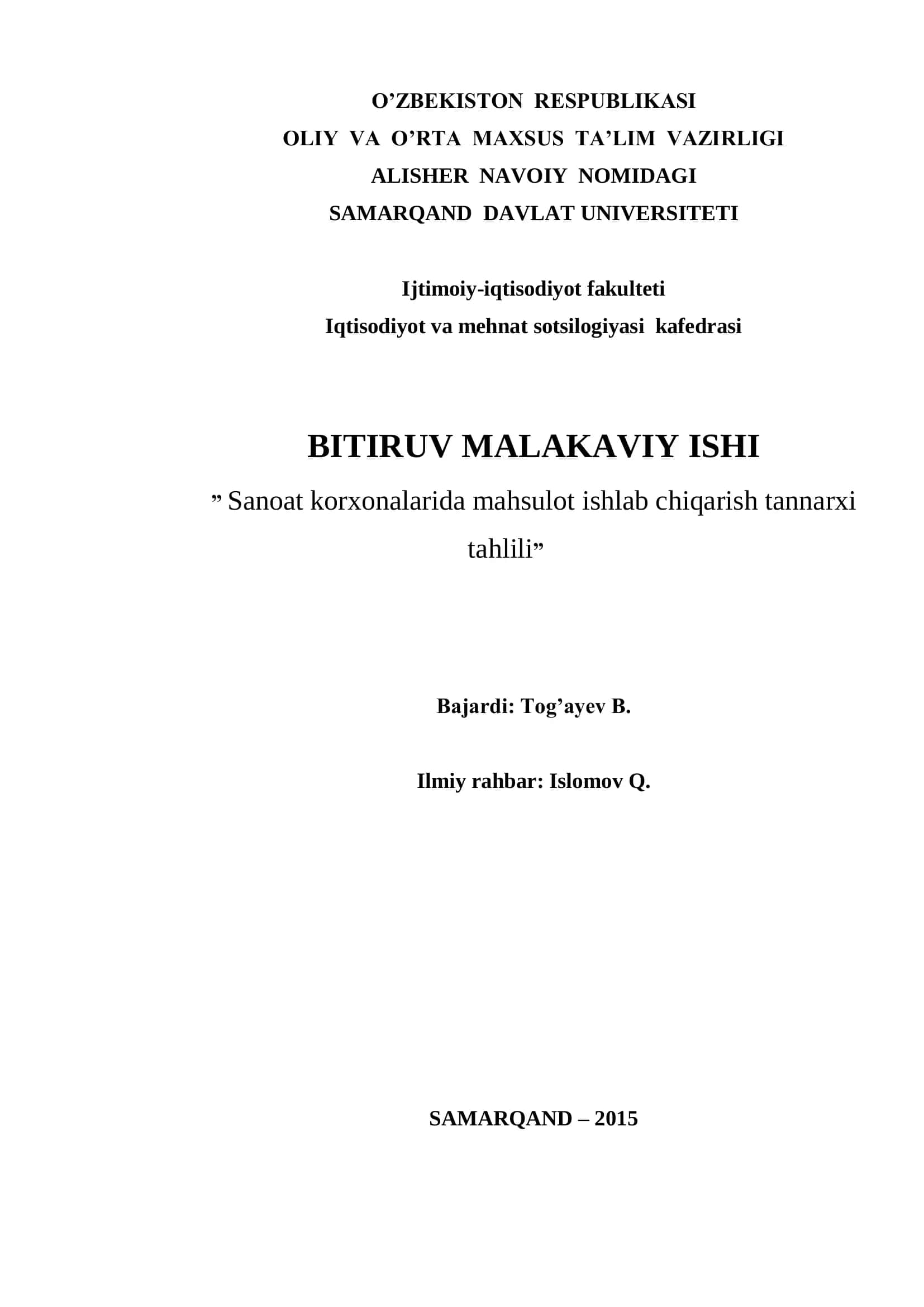 Mahsulot ishlab chiqarish tannarxi tahlili 1