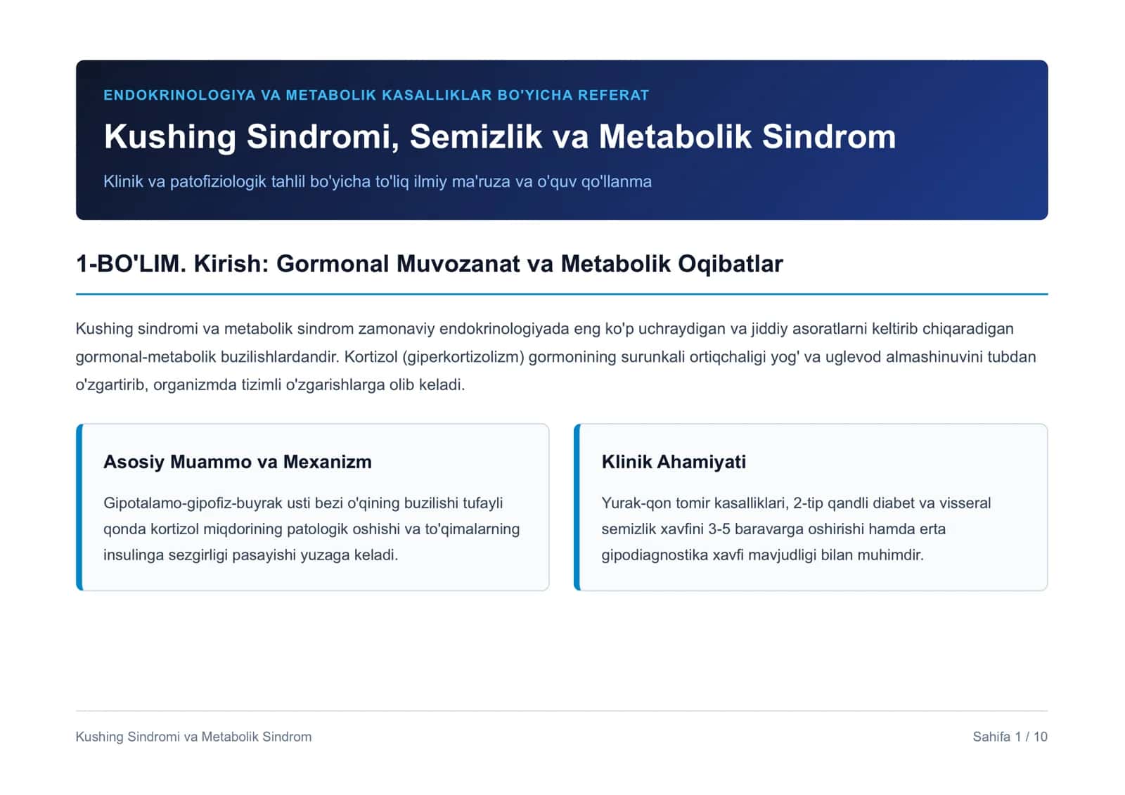 ENDOKRINOLOGIYA VA METABOLIK KASALLIKLAR BO'YICHA REFERAT 1