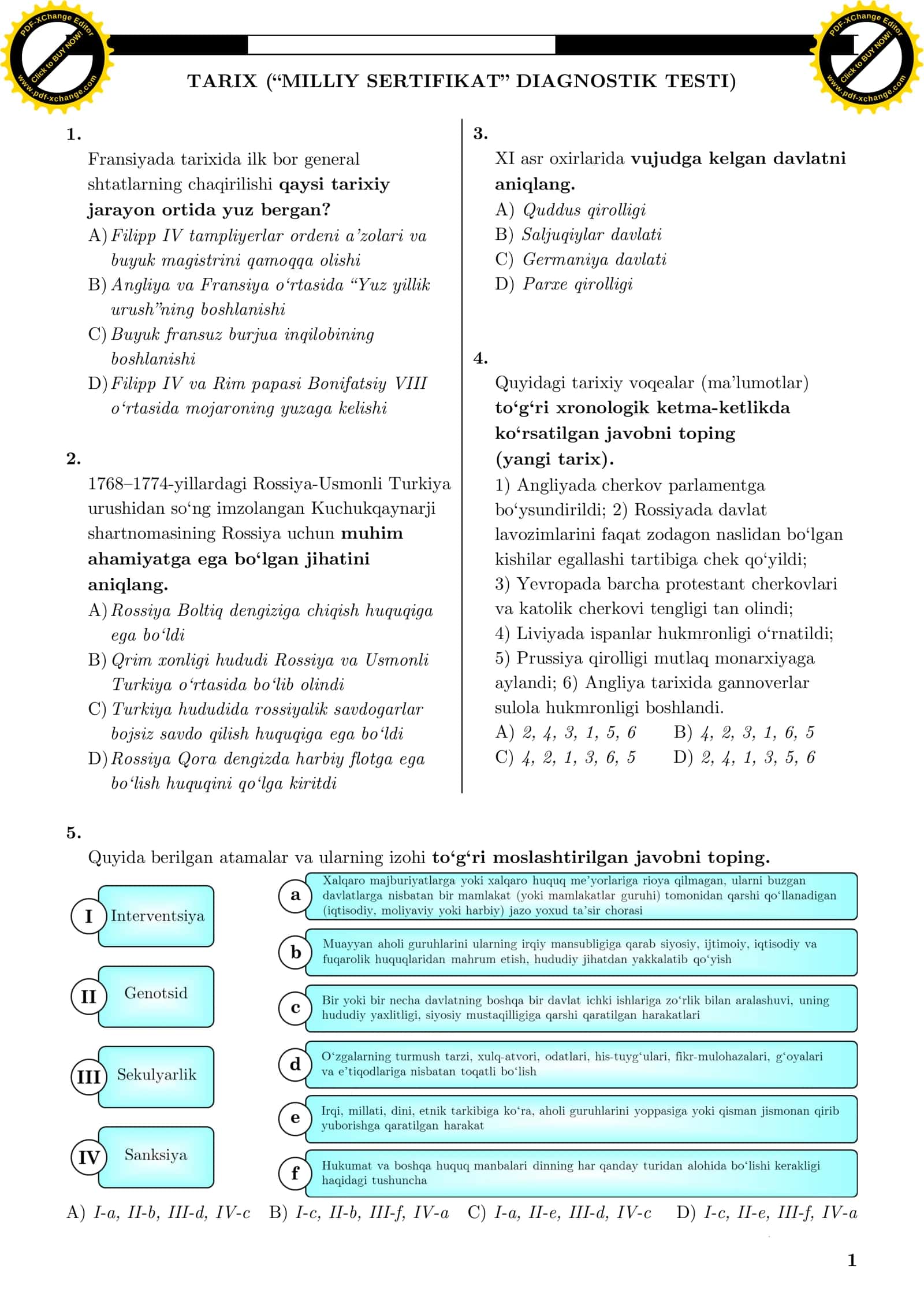 TARIX (“MILLIY SERTIFIKAT” DIAGNOSTIK TESTI) 1