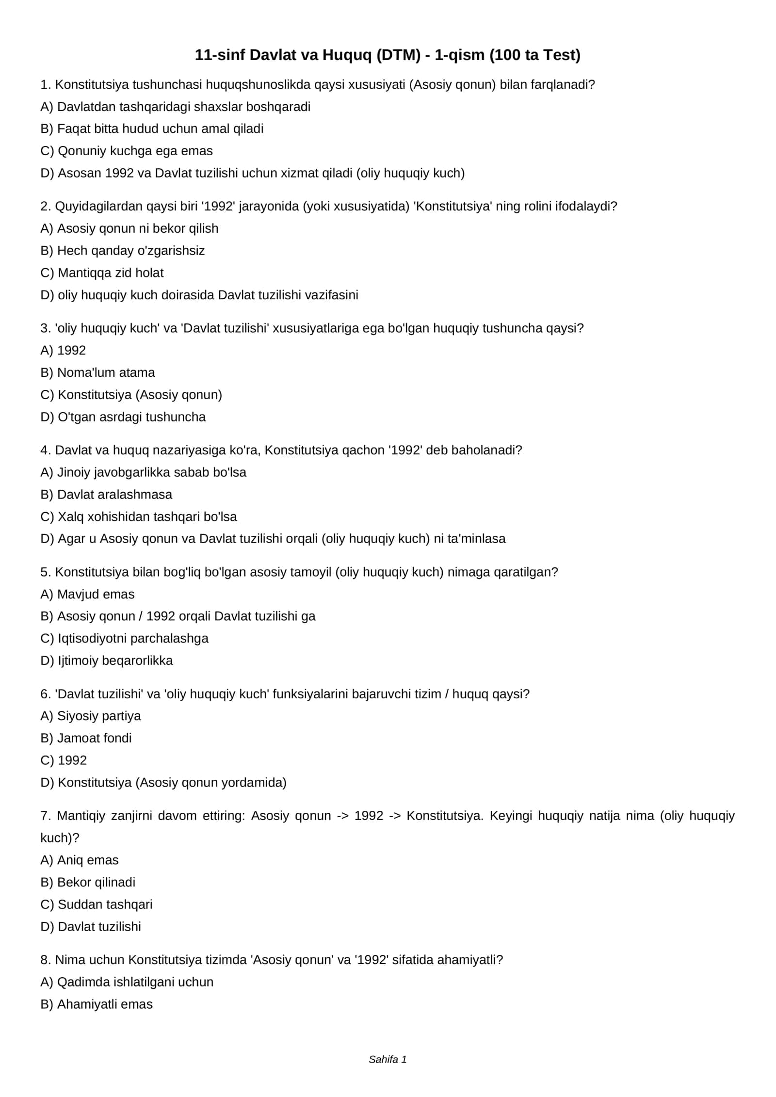 11-sinf Davlat va Huquq (DTM) - 1-qism (100 ta Test) 1