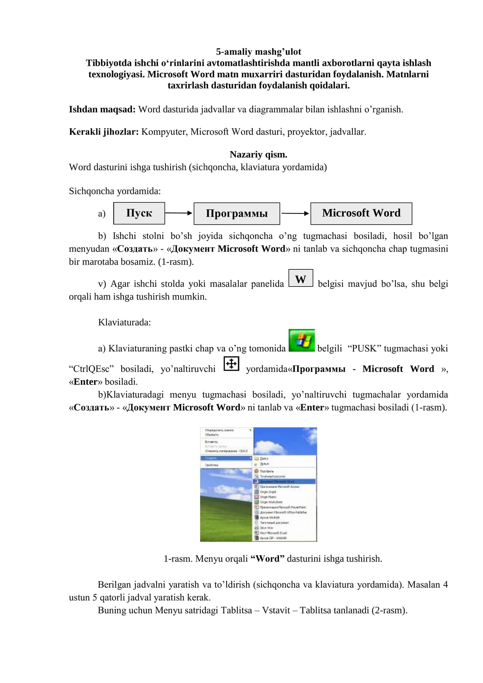 Tibbiyotda ishchi о‘rinlarini avtomatlashtirishda mantli axborotlarni qayta ishlash texnologiyasi. Microsoft Word matn muxarriri dasturidan foydalanish. Matnlarni taxrirlash dasturidan foydalanish qoidalari 1