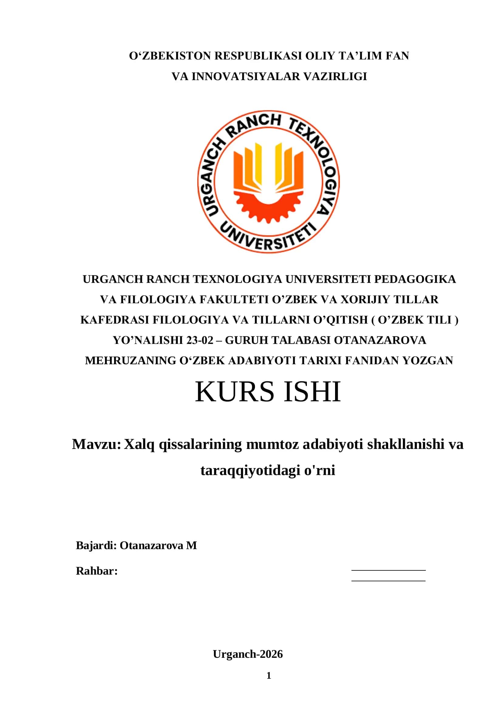 Xalq qissalarining mumtoz adabiyoti shakllanishi va taraqqiyotidagi o'rni 1