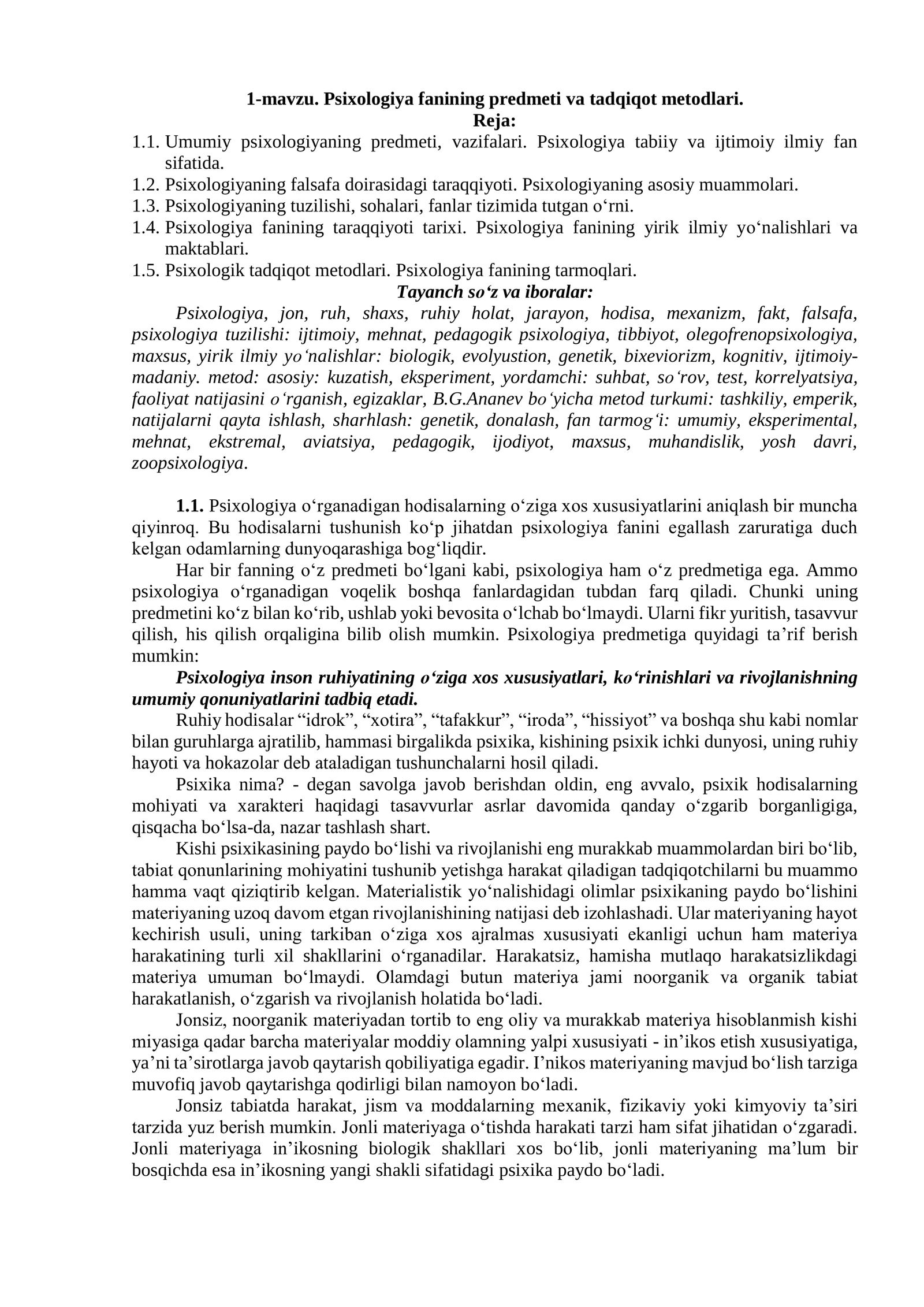 Psixologiya fanining predmeti va tadqiqot metodlari 1
