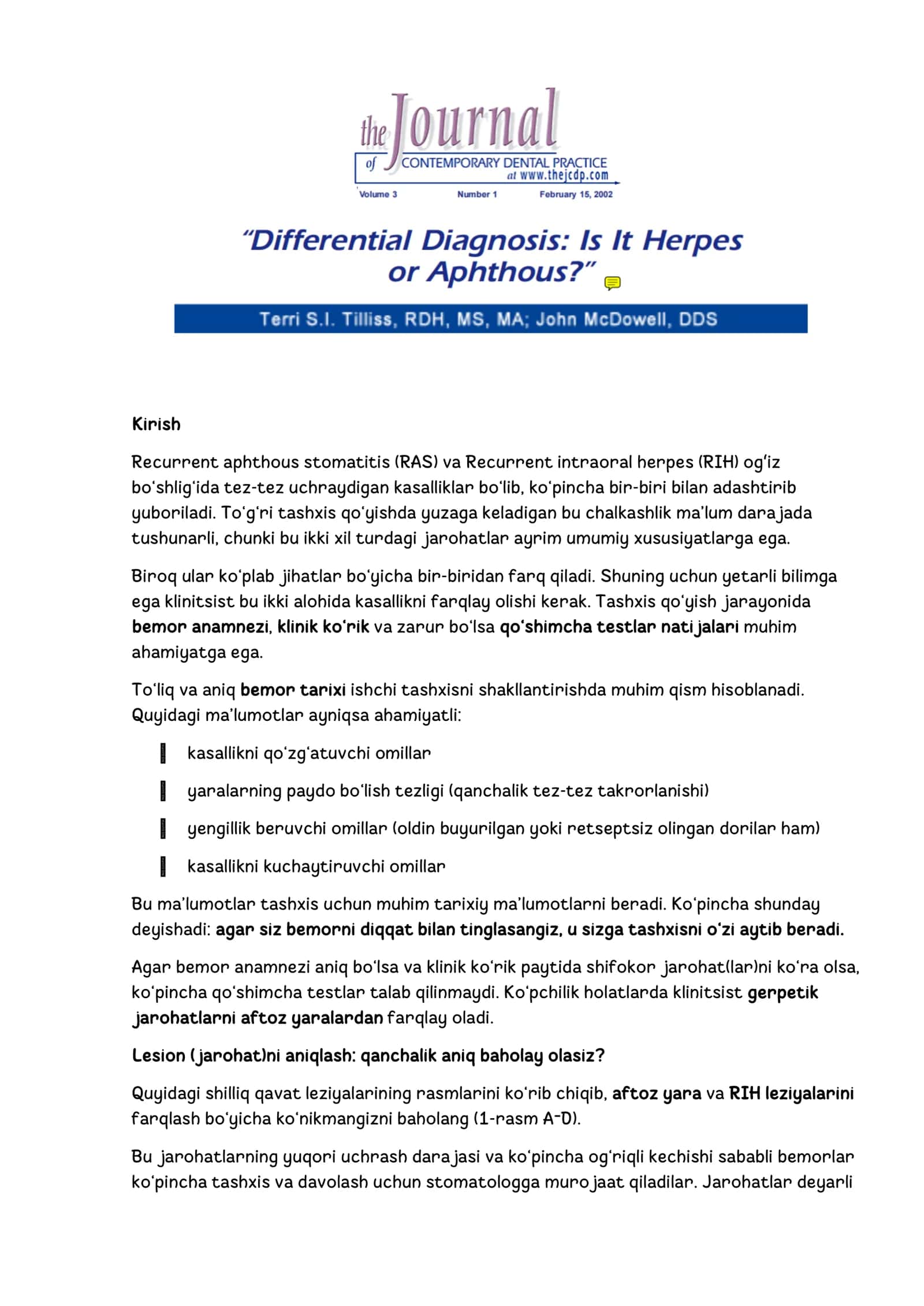 Recurrent aphthous stomatitis (RAS) va Recurrent intraoral herpes (RIH) ogʻiz bo‘shlig‘ida tez-tez uchraydigan kasalliklar 1
