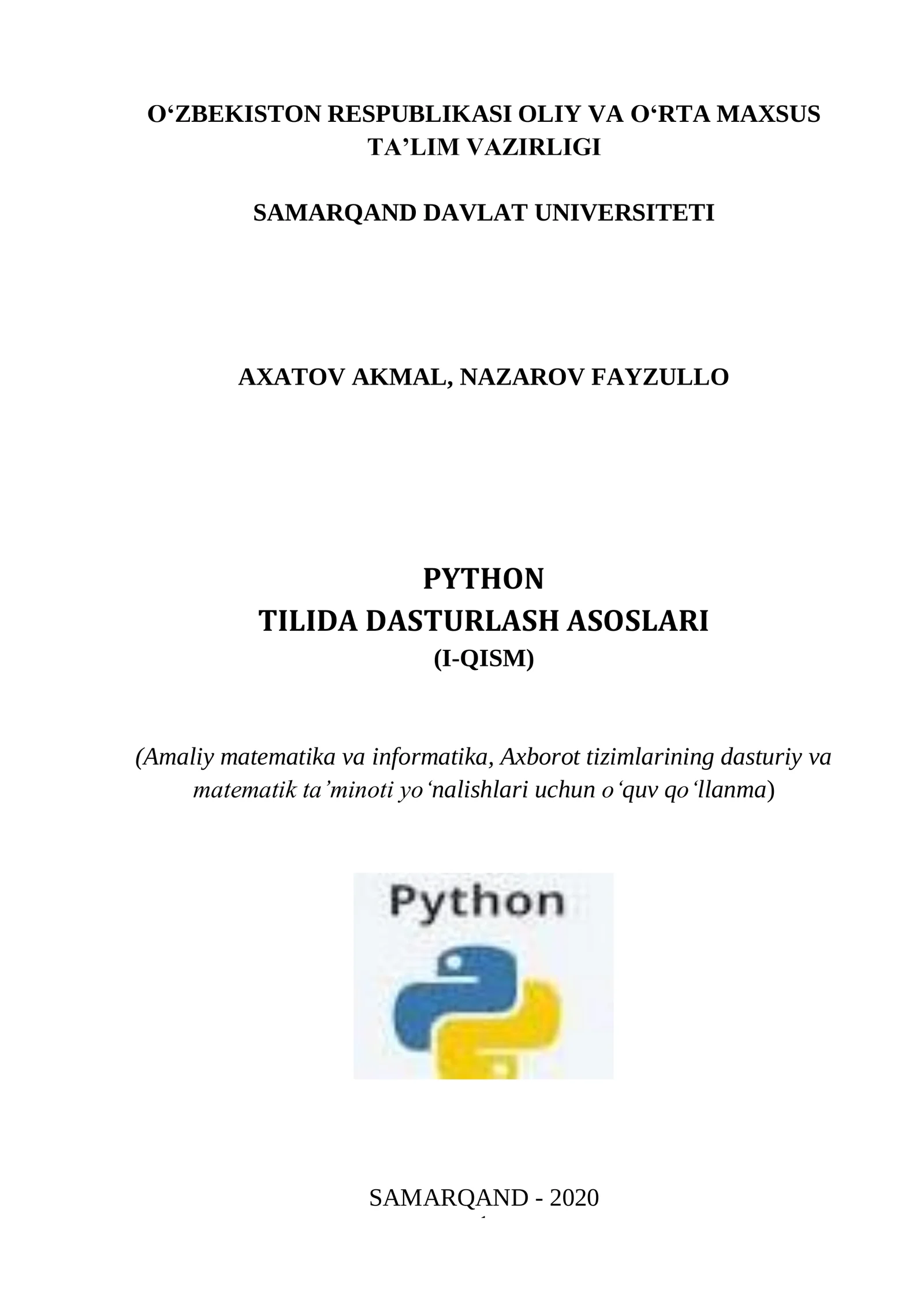 PYTHON TILIDA DASTURLASH ASOSLARI (I-QISM) 1