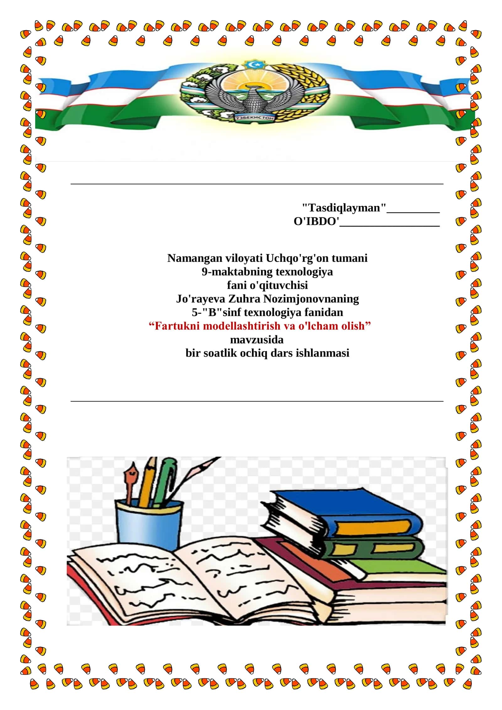 5-sinf Texnologiya fanidan Fartukni modellashtirish va o'lcham olish mavzusida dars ishlanma 1