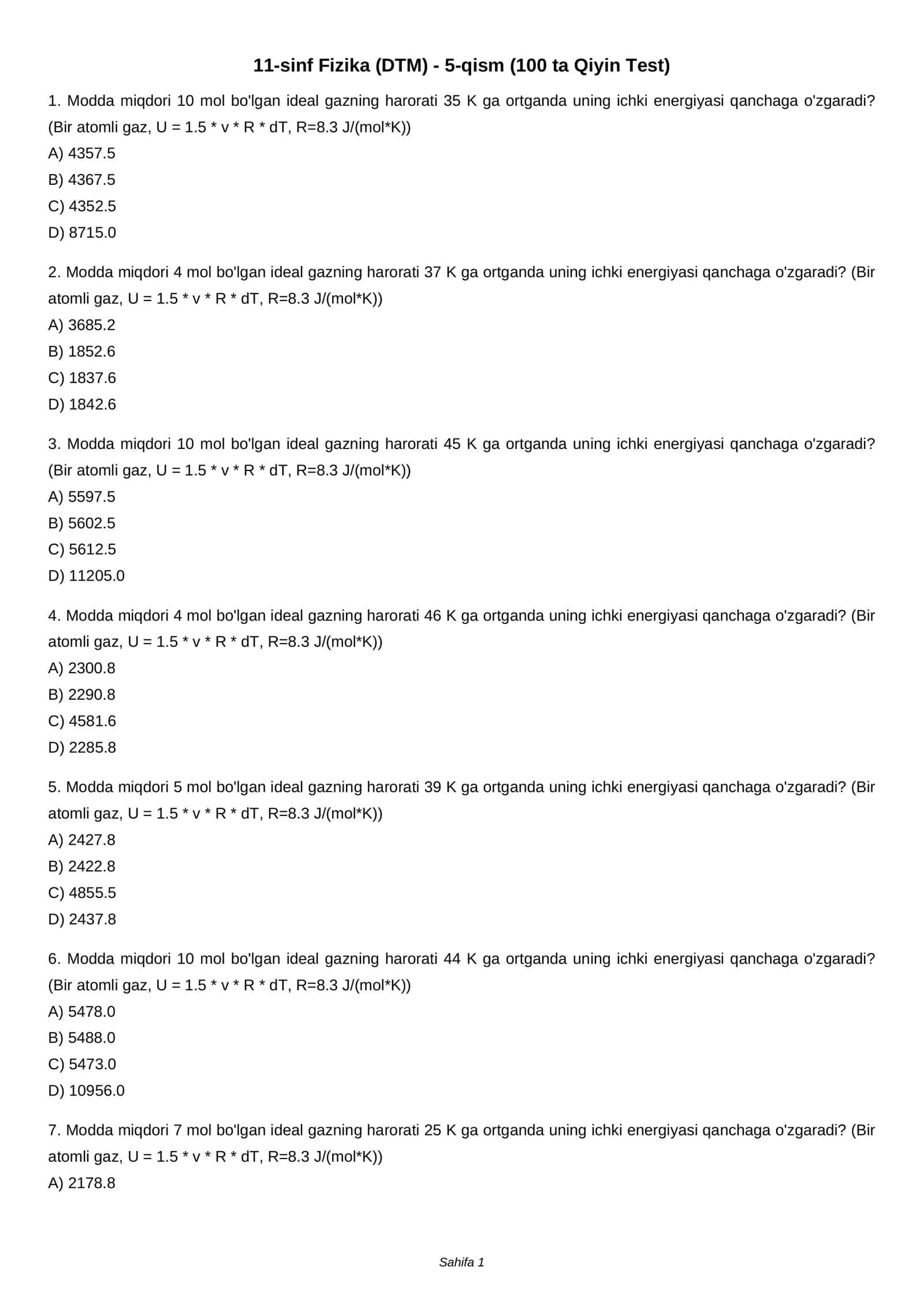 11-sinf Fizika (DTM) - 5-qism (100 ta Qiyin Test) 1