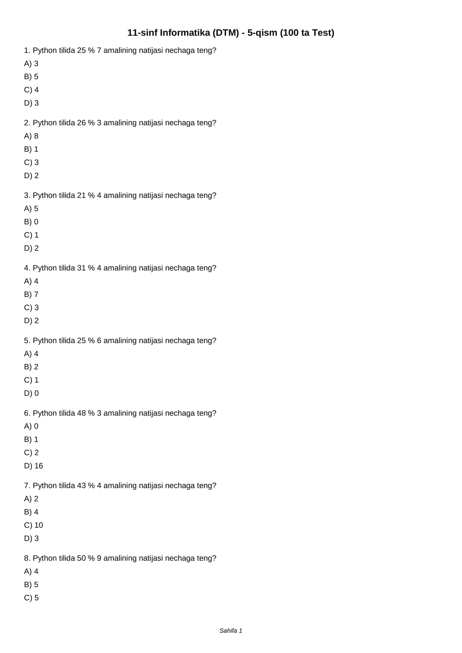 11-sinf Informatika (DTM) - 5-qism (100 ta Test) 1