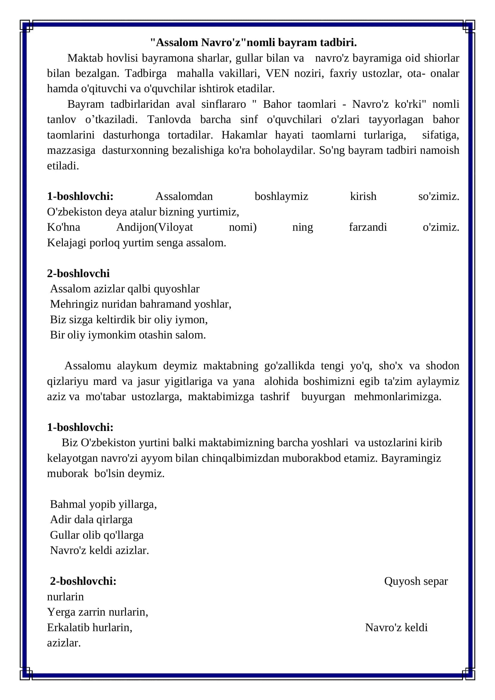 Navro'z bayram tadbiri senariylari. 5 xil bayram senariysi jamlangan fayl 1