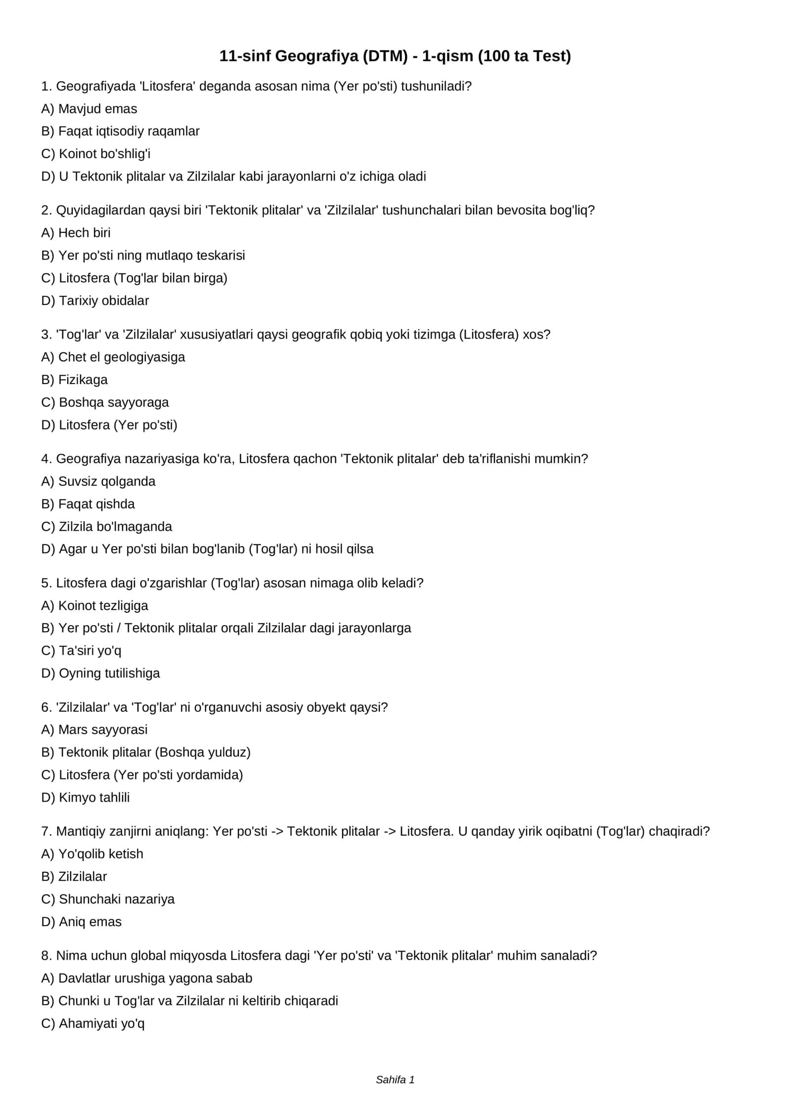 11-sinf Geografiya (DTM) - 1-qism (100 ta Test) 1