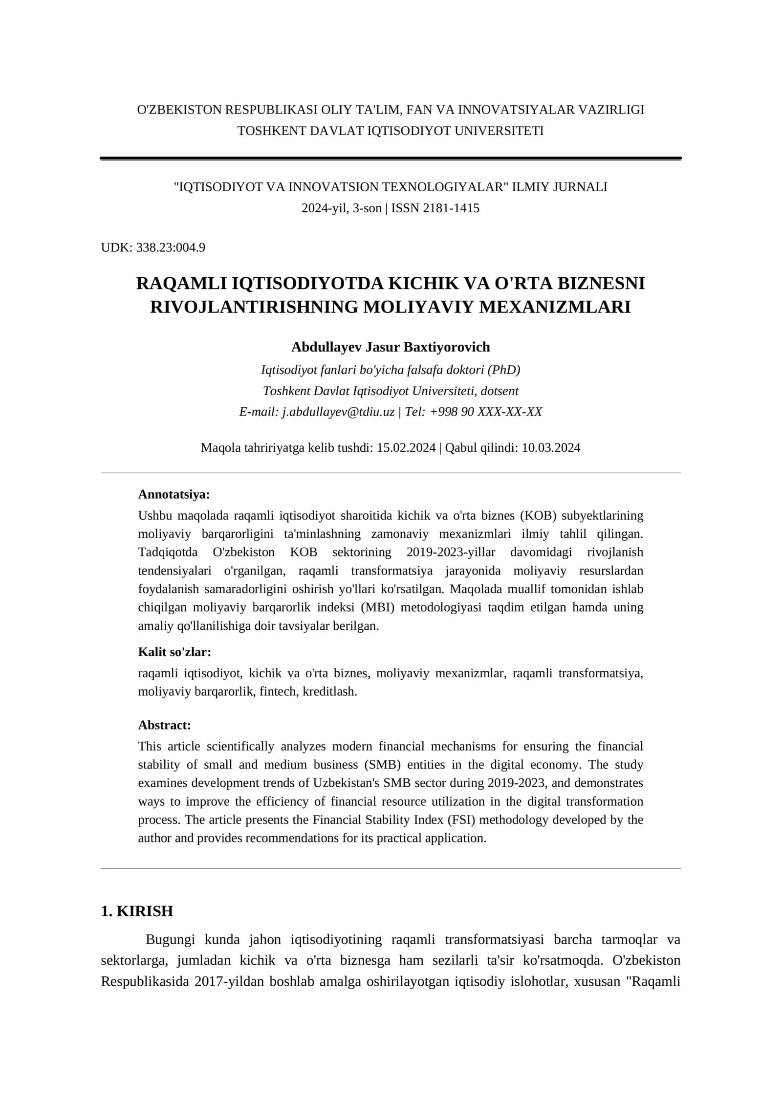 Raqamli Iqtisodiyotda Kichik va O'rta Biznesni Rivojlantirishning Maliyaviy Mexanizmlari 1