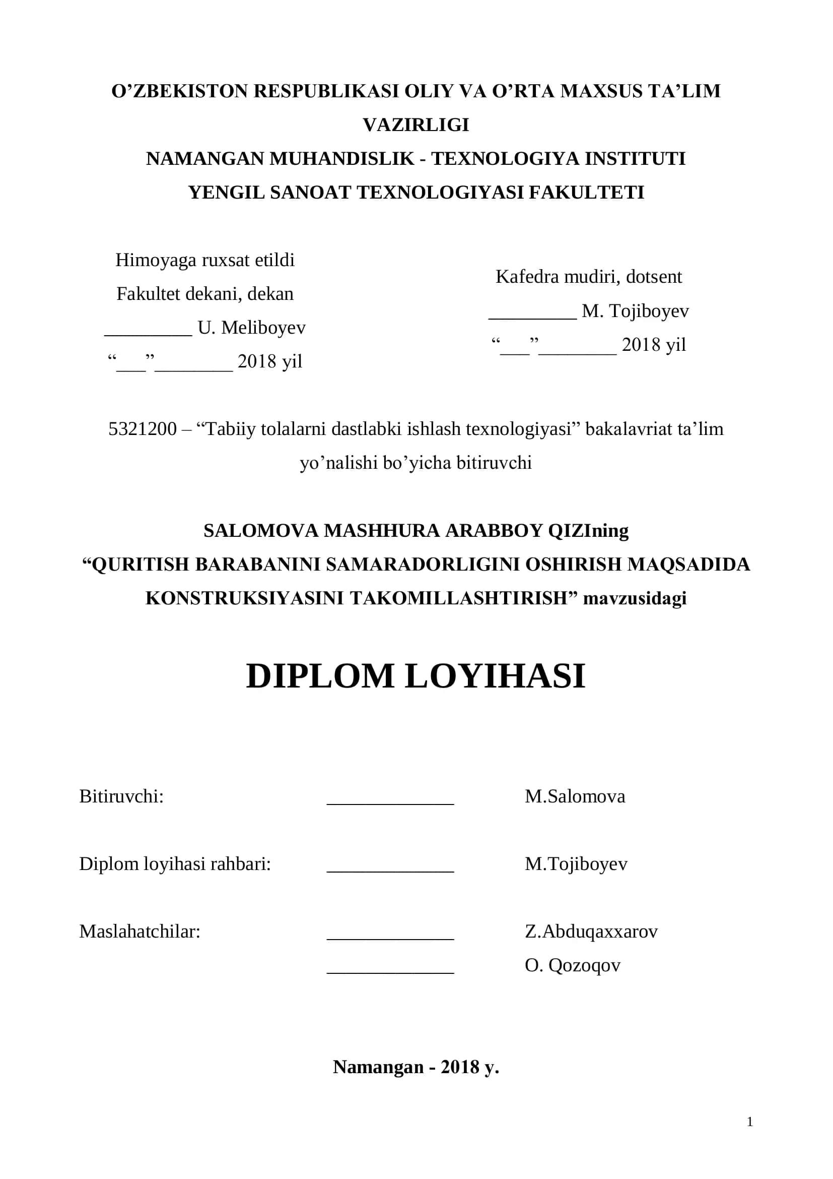 Konstruksiyani takomillashtirish diplom loyihasi 1