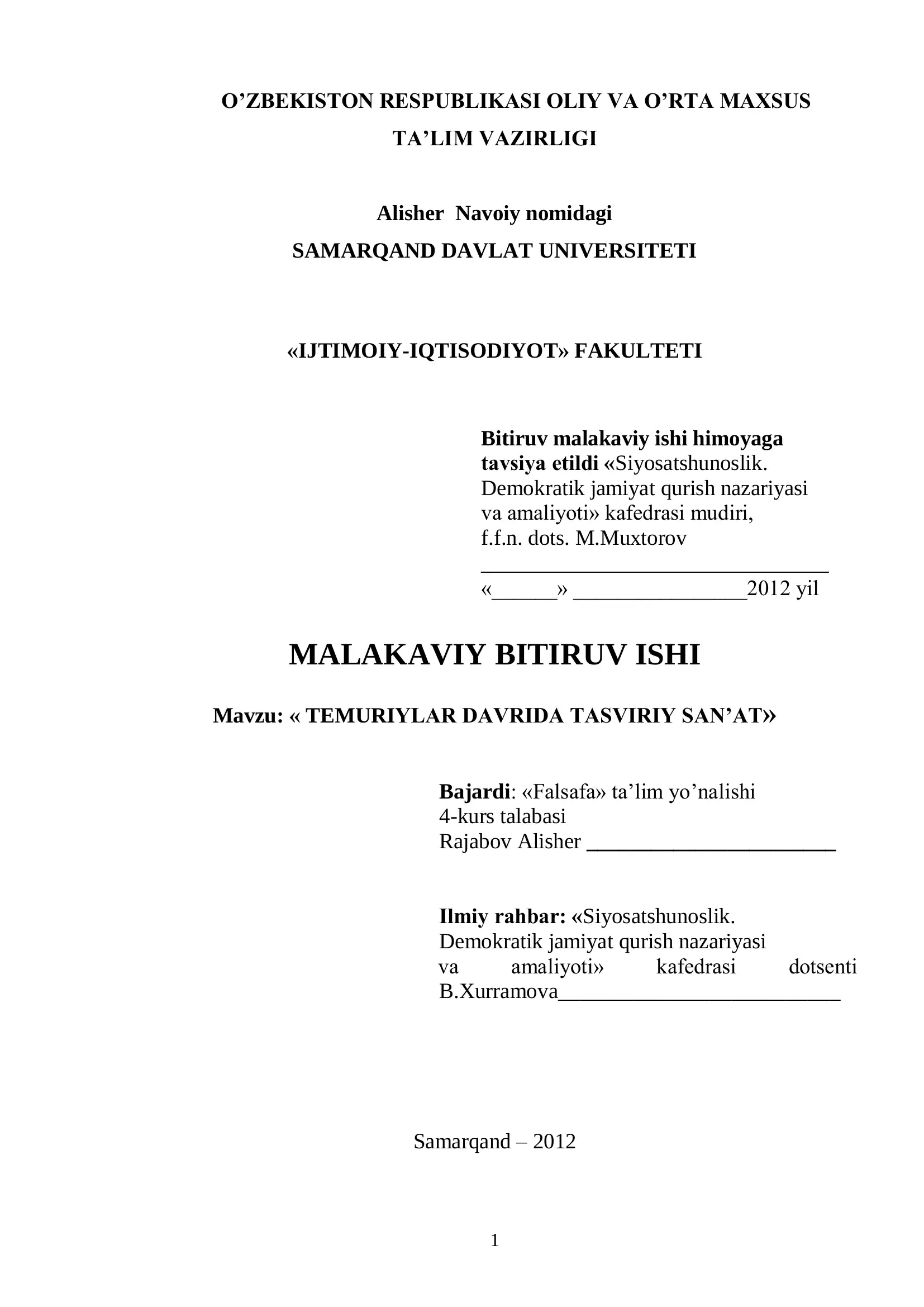 TEMURIYLAR DAVRIDA TASVIRIY SAN’AT 1