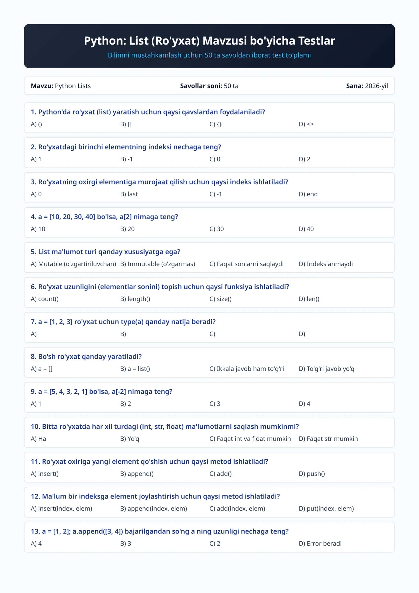 Python: List (Ro'yxat) Mavzusi bo'yicha Testlar 1
