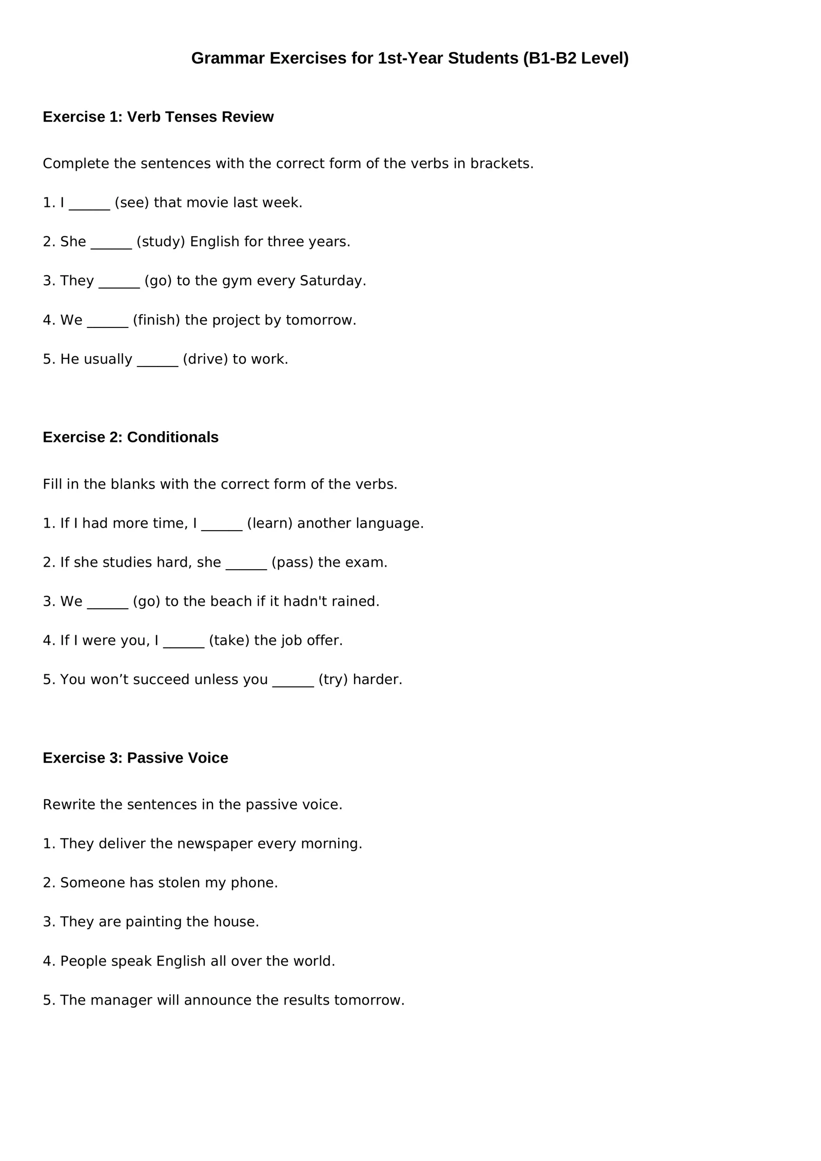 Grammar Exercises for 1st-Year Students (B1-B2 Level) 1
